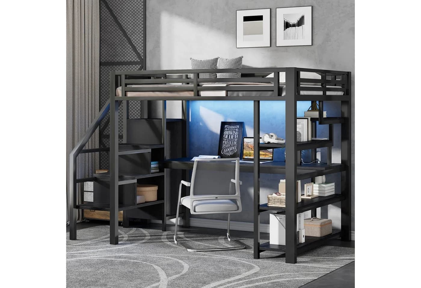 Merax Hochbett 140x200cm mit LED-Licht und USB-Ladestation Schwarz Metall - Bild 3