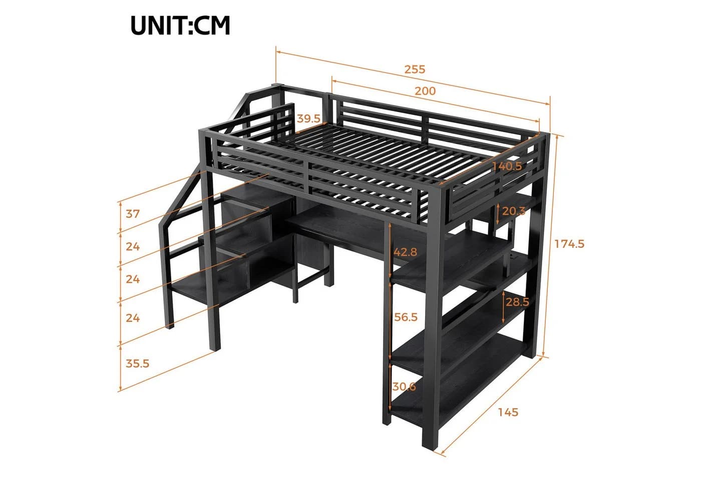 Merax Hochbett 140x200cm mit LED-Licht und USB-Ladestation Schwarz Metall - Bild 4