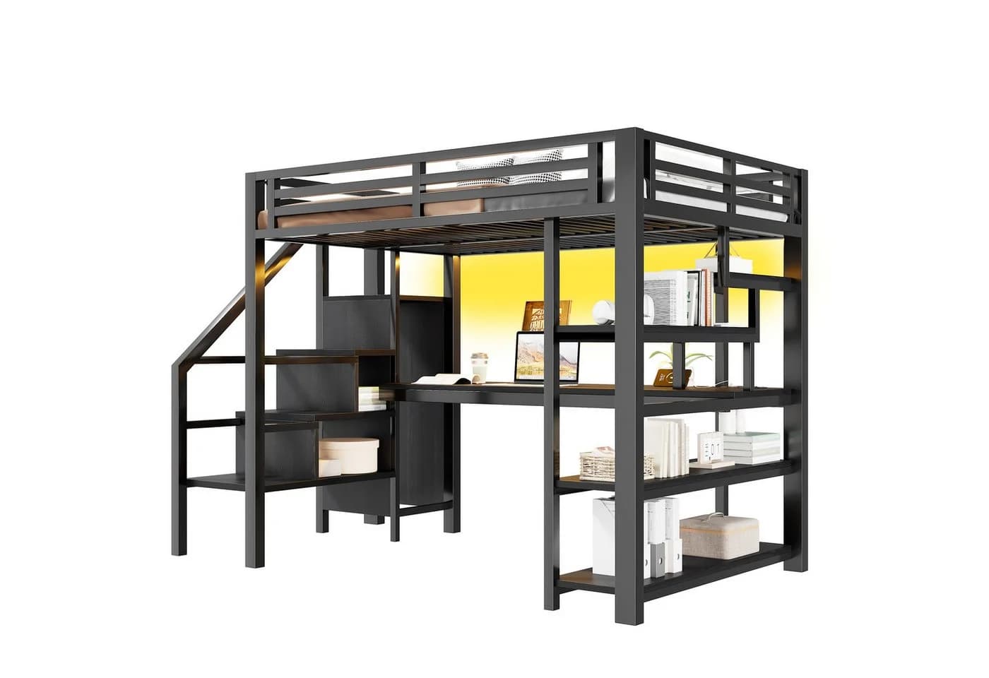 Merax Hochbett 140x200cm mit LED-Licht und USB-Ladestation Schwarz Metall - Bild 5