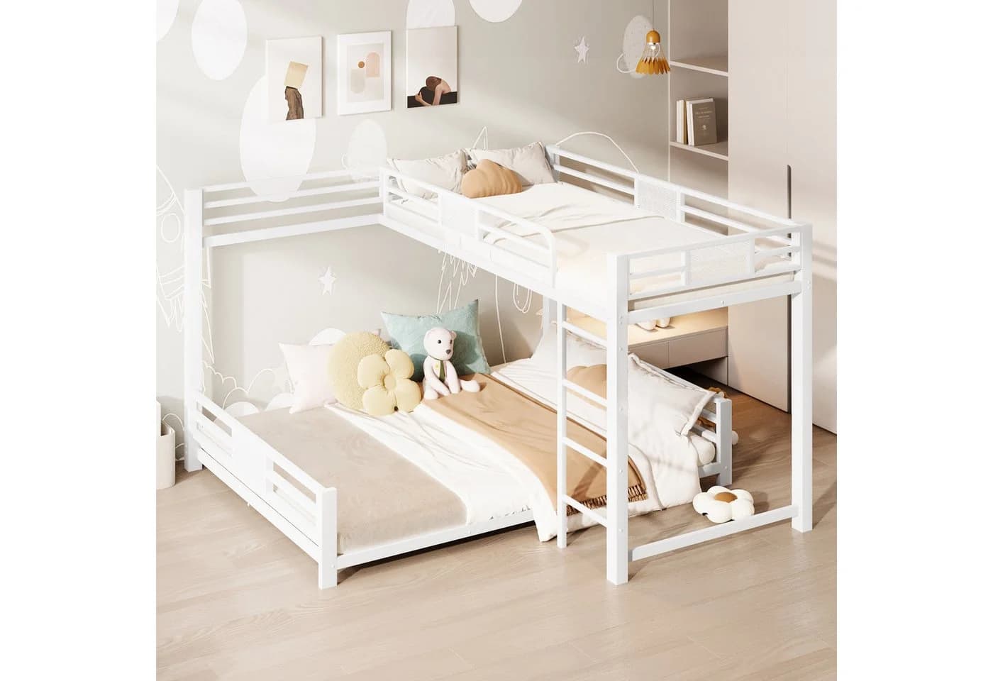 Merax Etagenbett 90x200cm/140x200cm in L-Form Metallbett