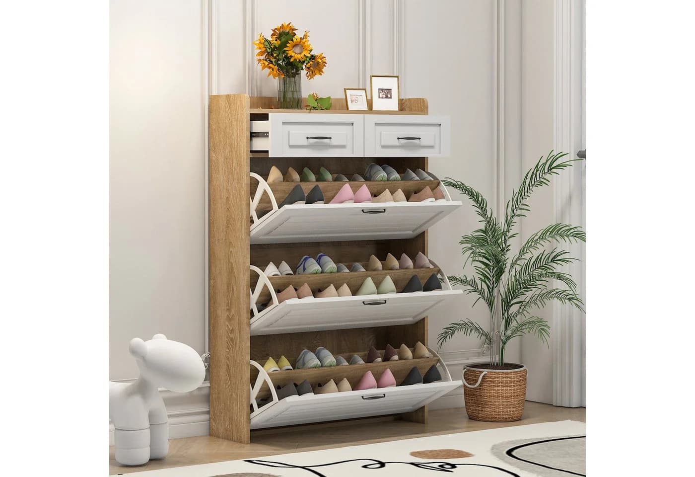 Merax Schuhkipper Schuhschrank 3 Klappen 2 Schubladen Weiß - Bild 2