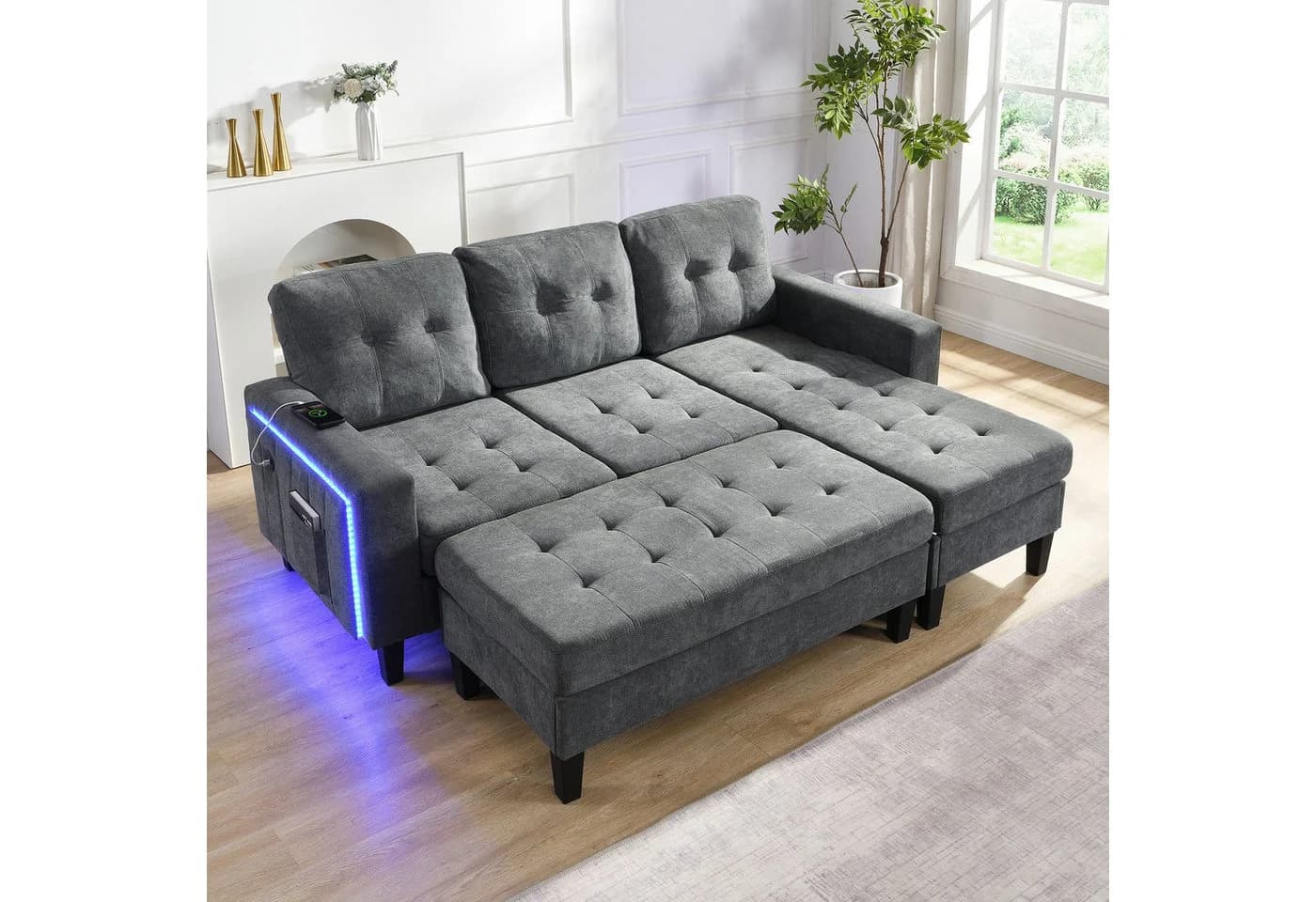 Merax Schlafsofa L-Form mit LED-Beleuchtung Grau/Beige - Bild 2
