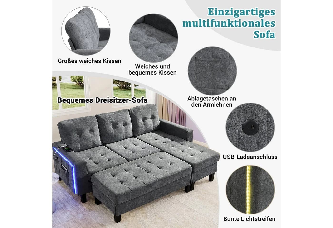 Merax Schlafsofa L-Form mit LED-Beleuchtung Grau/Beige - Bild 3