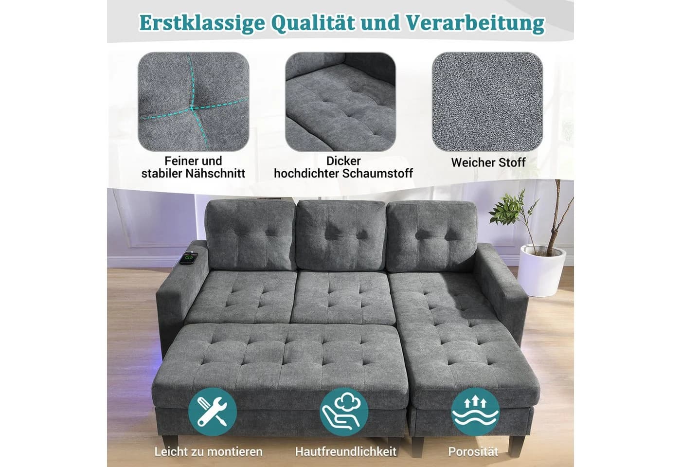 Merax Schlafsofa L-Form mit LED-Beleuchtung Grau/Beige - Bild 4