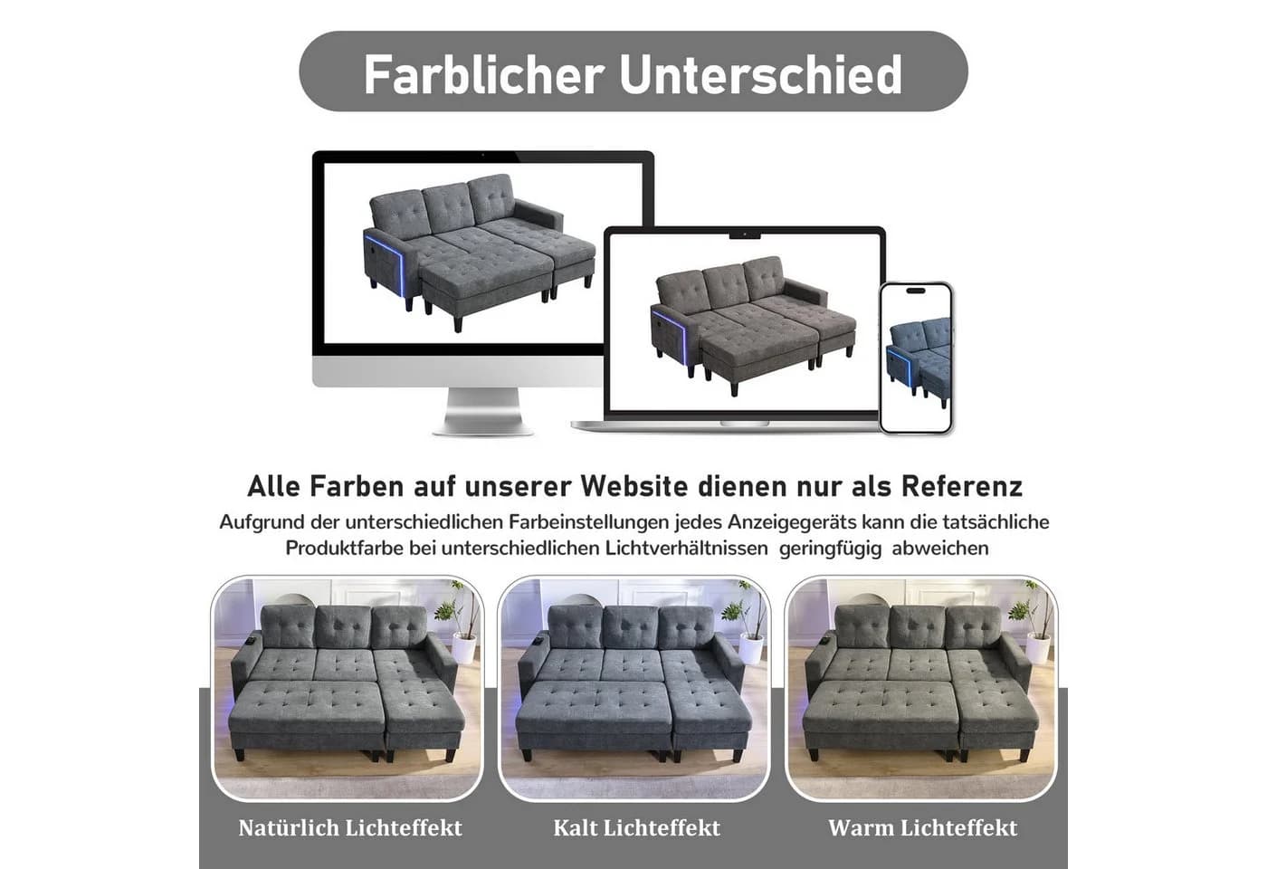 Merax Schlafsofa L-Form mit LED-Beleuchtung Grau/Beige - Bild 5