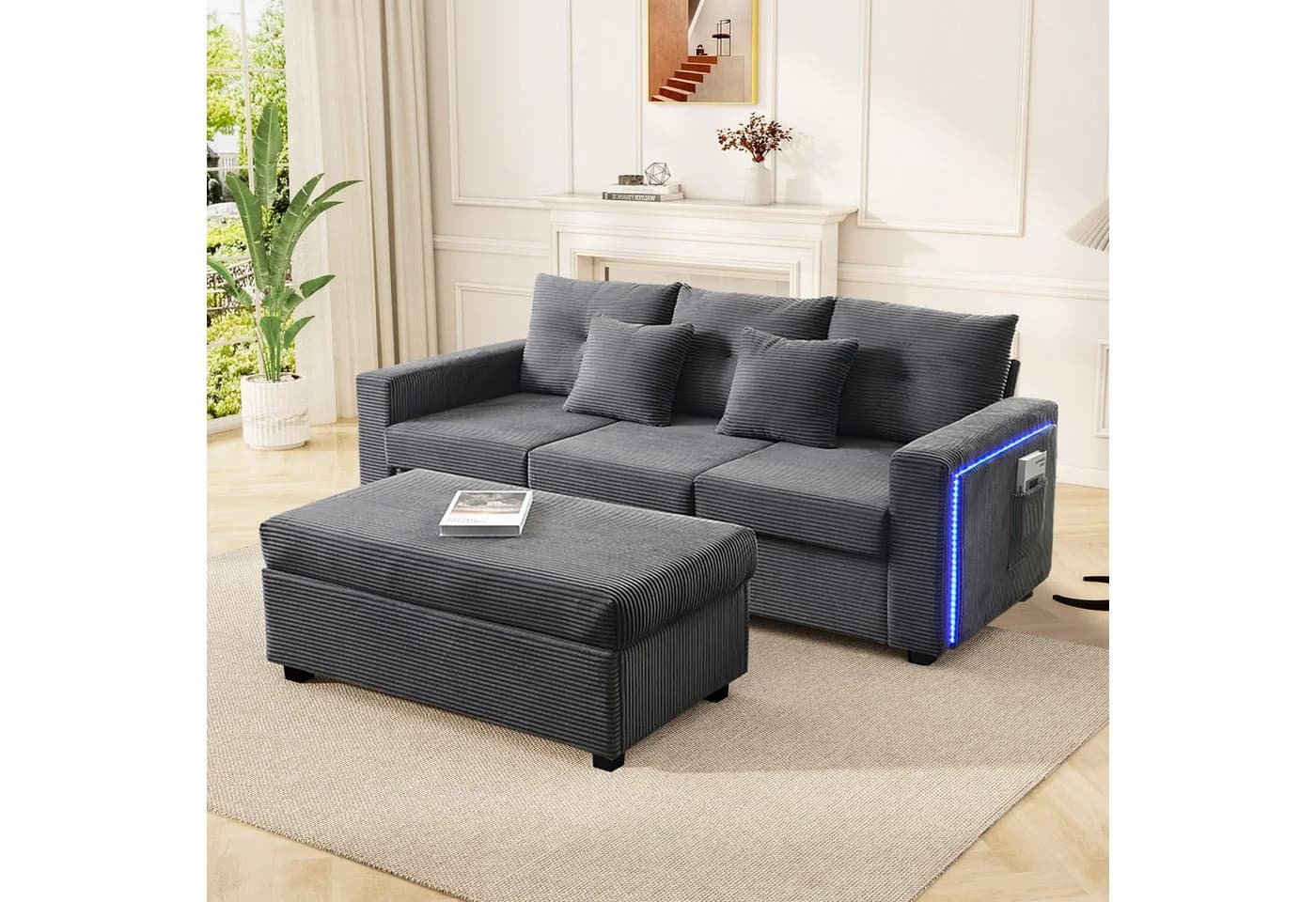 Merax 3-Sitzer L-förmiges Sofa mit LED-Beleuchtung, Cordstoff, Beige/Grau - Bild 2
