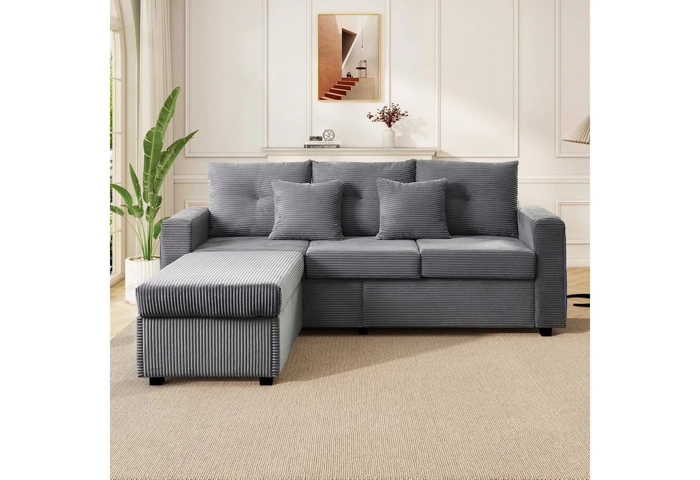 Merax 3-Sitzer L-förmiges Sofa mit LED-Beleuchtung, Cordstoff, Beige/Grau - Bild 3