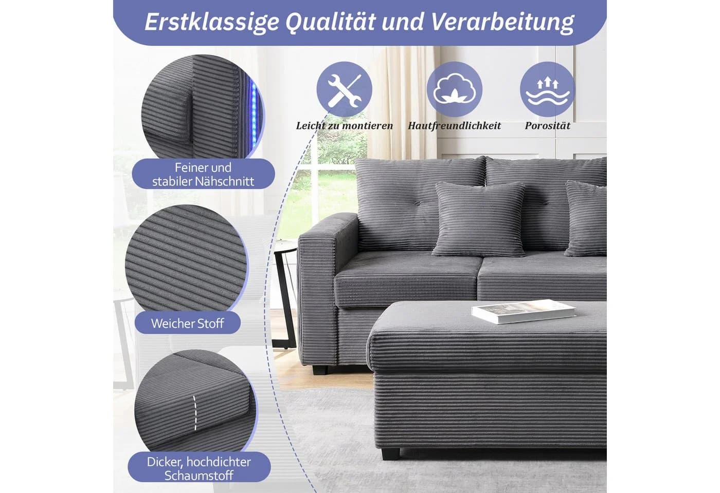 Merax 3-Sitzer L-förmiges Sofa mit LED-Beleuchtung, Cordstoff, Beige/Grau - Bild 4