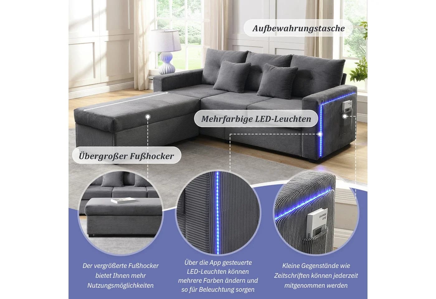 Merax 3-Sitzer L-förmiges Sofa mit LED-Beleuchtung, Cordstoff, Beige/Grau - Bild 5