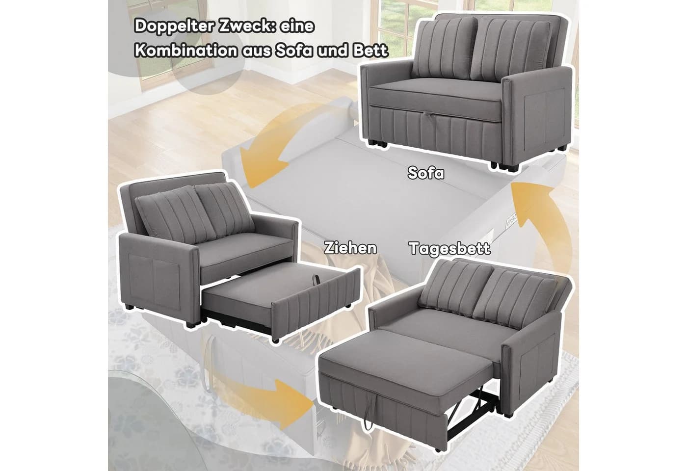Merax Schlafsofa Grau mit verstellbarer Rückenlehne & Kissen - Bild 4