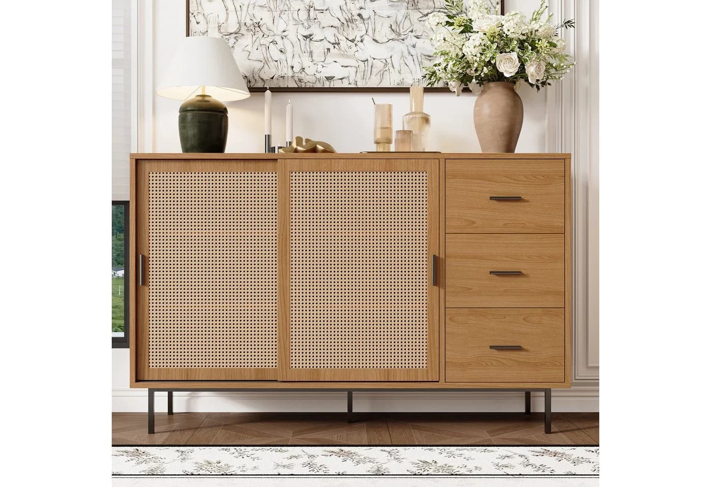 Merax Sideboard Kommode mit Rattan-Schiebetüren und Schubladen - Bild 2