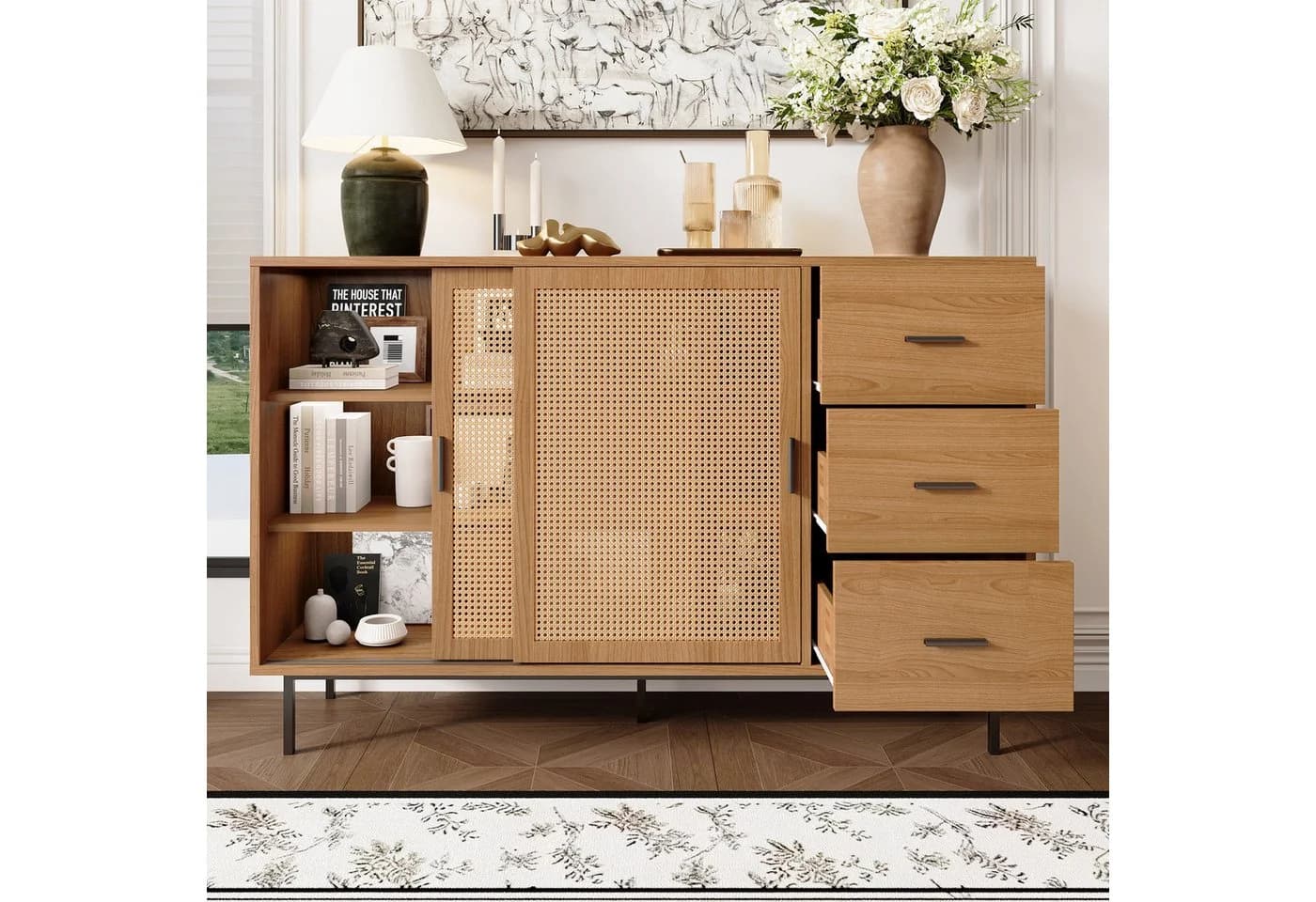 Merax Sideboard Kommode mit Rattan-Schiebetüren und Schubladen - Bild 3
