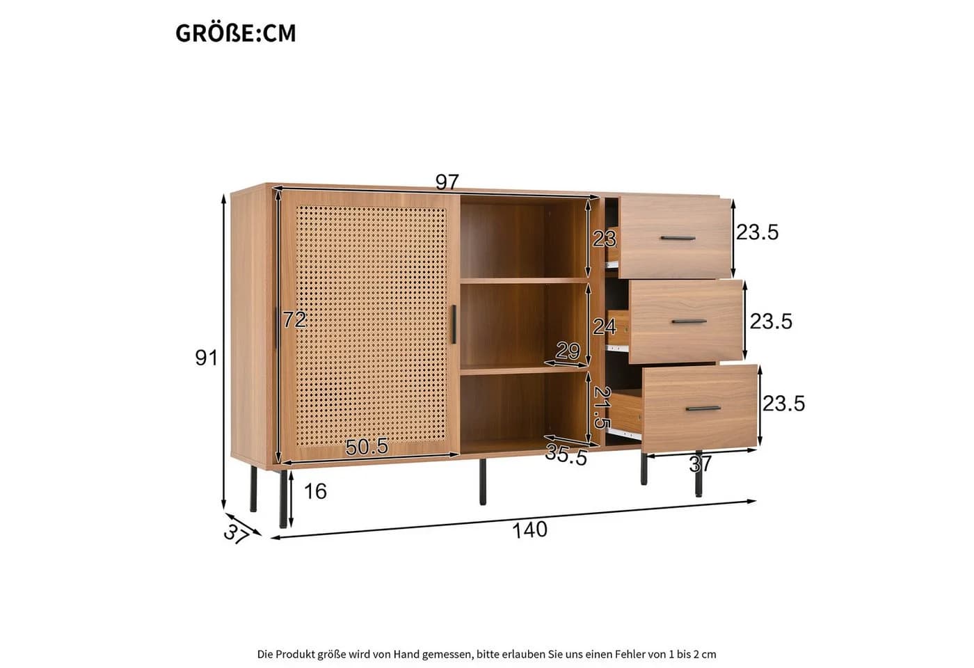 Merax Sideboard Kommode mit Rattan-Schiebetüren und Schubladen - Bild 4