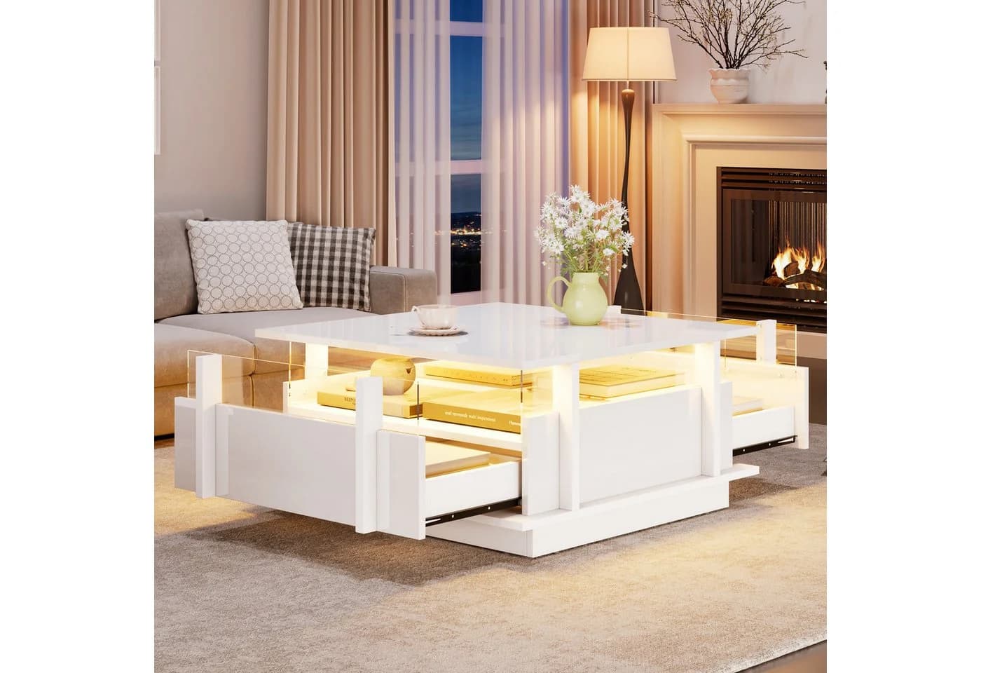 Merax Couchtisch Weiß Hochglanz mit LED-Beleuchtung & Schubladen - Bild 2