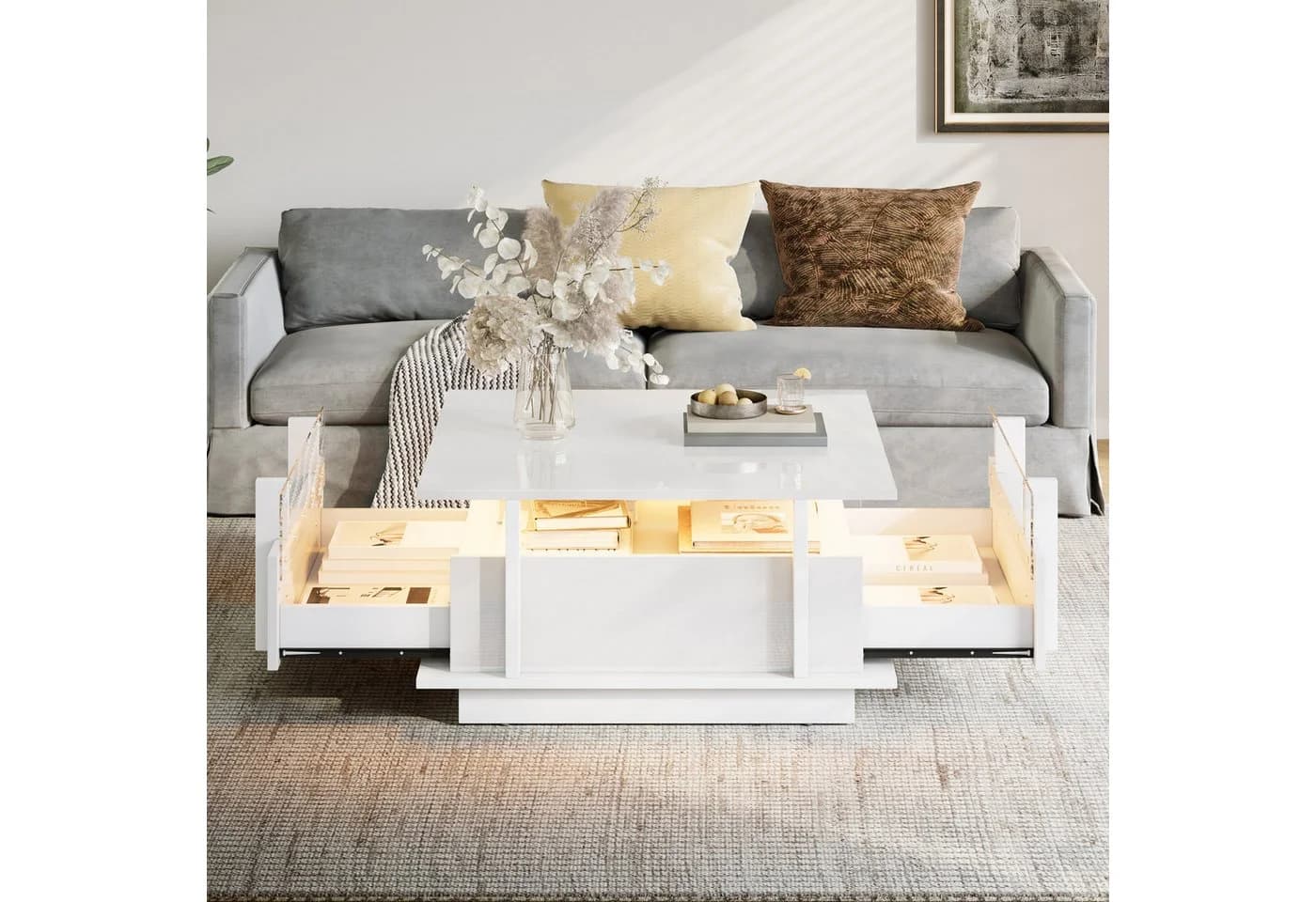 Merax Couchtisch Weiß Hochglanz mit LED-Beleuchtung & Schubladen - Bild 3
