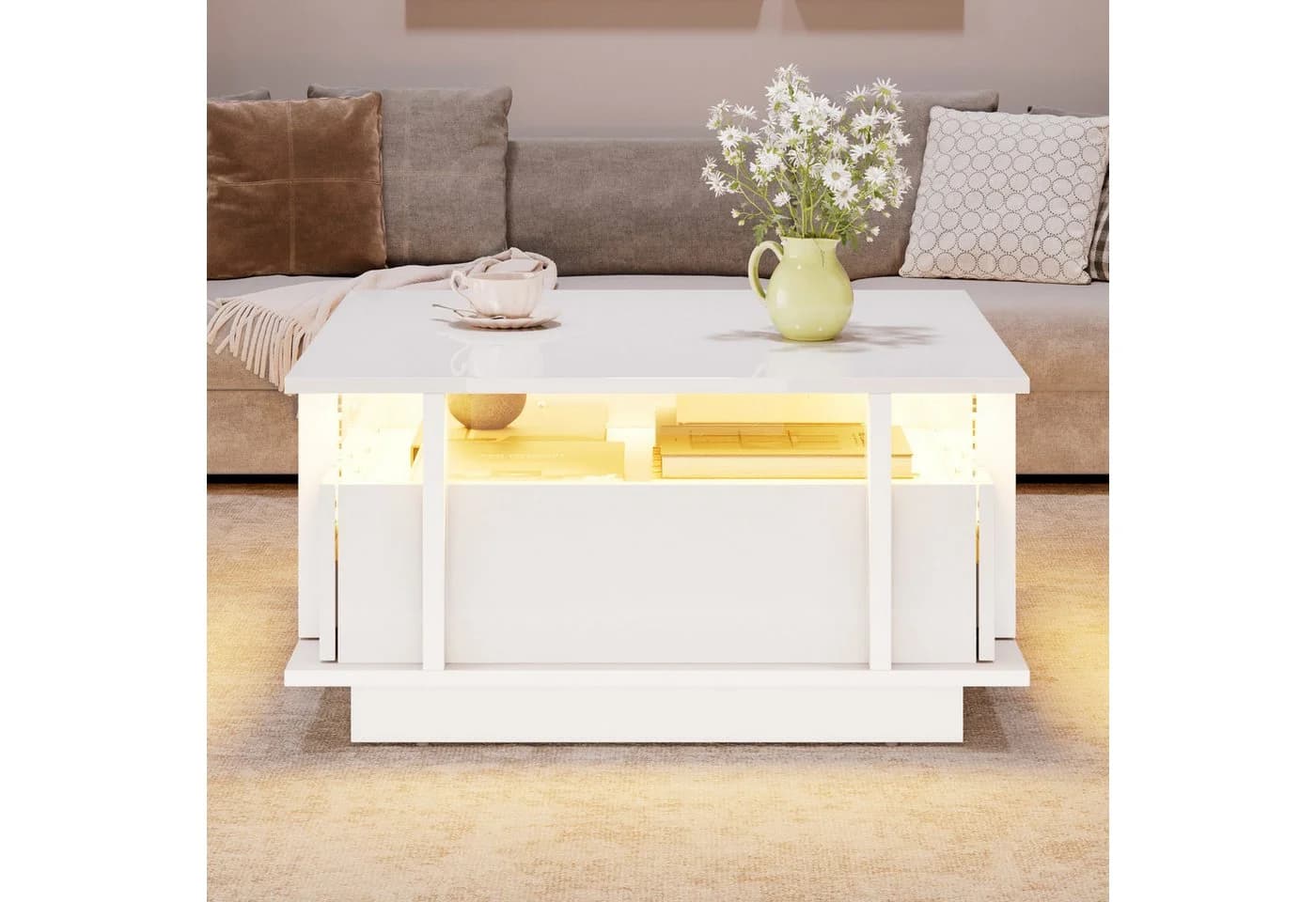 Merax Couchtisch Weiß Hochglanz mit LED-Beleuchtung & Schubladen - Bild 4