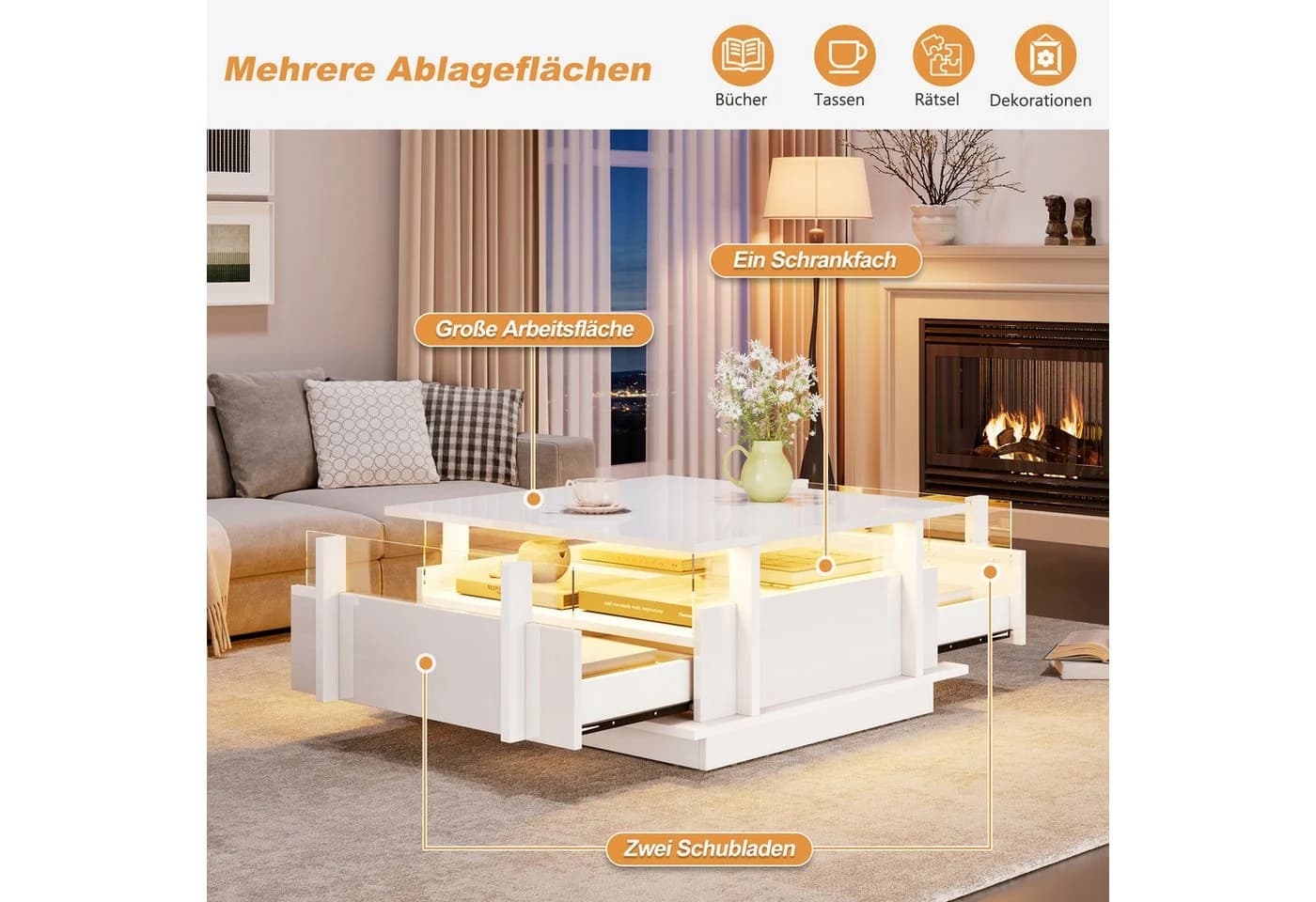 Merax Couchtisch Weiß Hochglanz mit LED-Beleuchtung & Schubladen - Bild 5