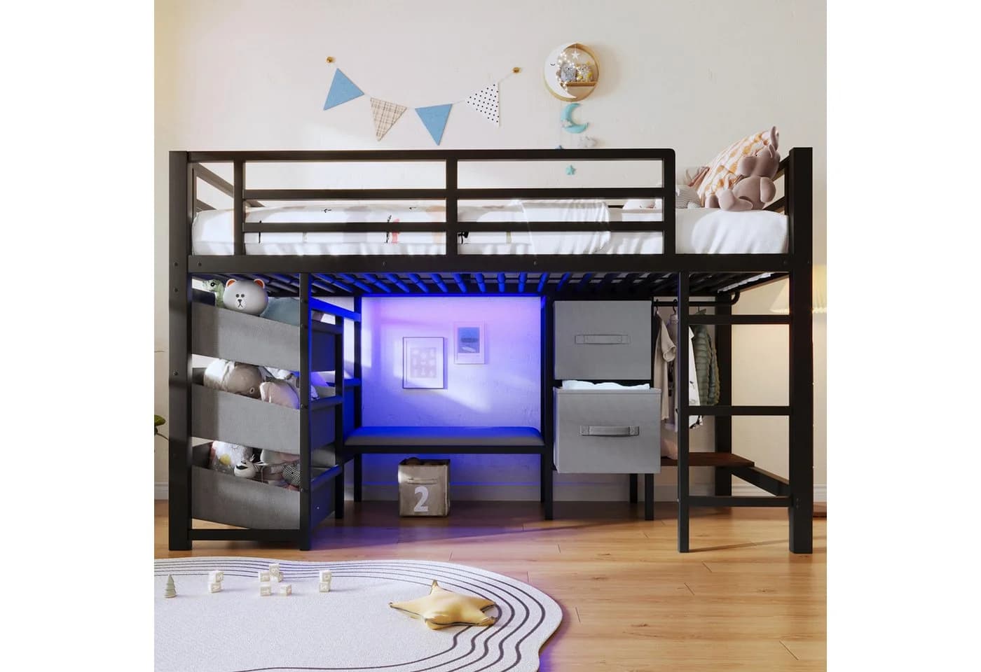 Merax Hochbett 90x200cm mit LED-Beleuchtung und Stauraum