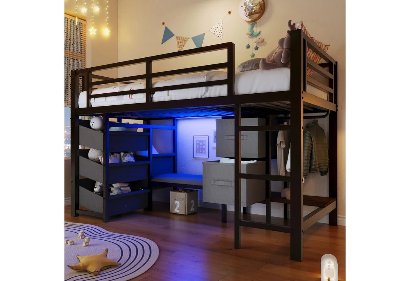 Merax Hochbett 90x200cm mit LED-Beleuchtung und Stauraum - Bild 2
