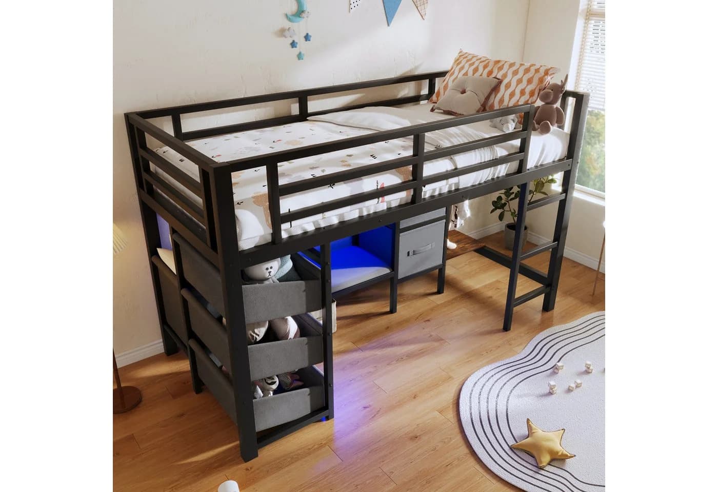 Merax Hochbett 90x200cm mit LED-Beleuchtung und Stauraum - Bild 3