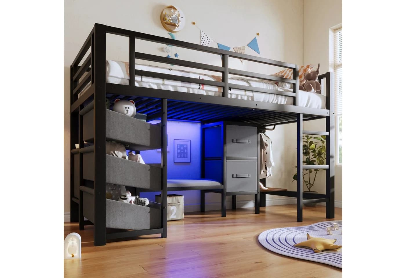 Merax Hochbett 90x200cm mit LED-Beleuchtung und Stauraum - Bild 4