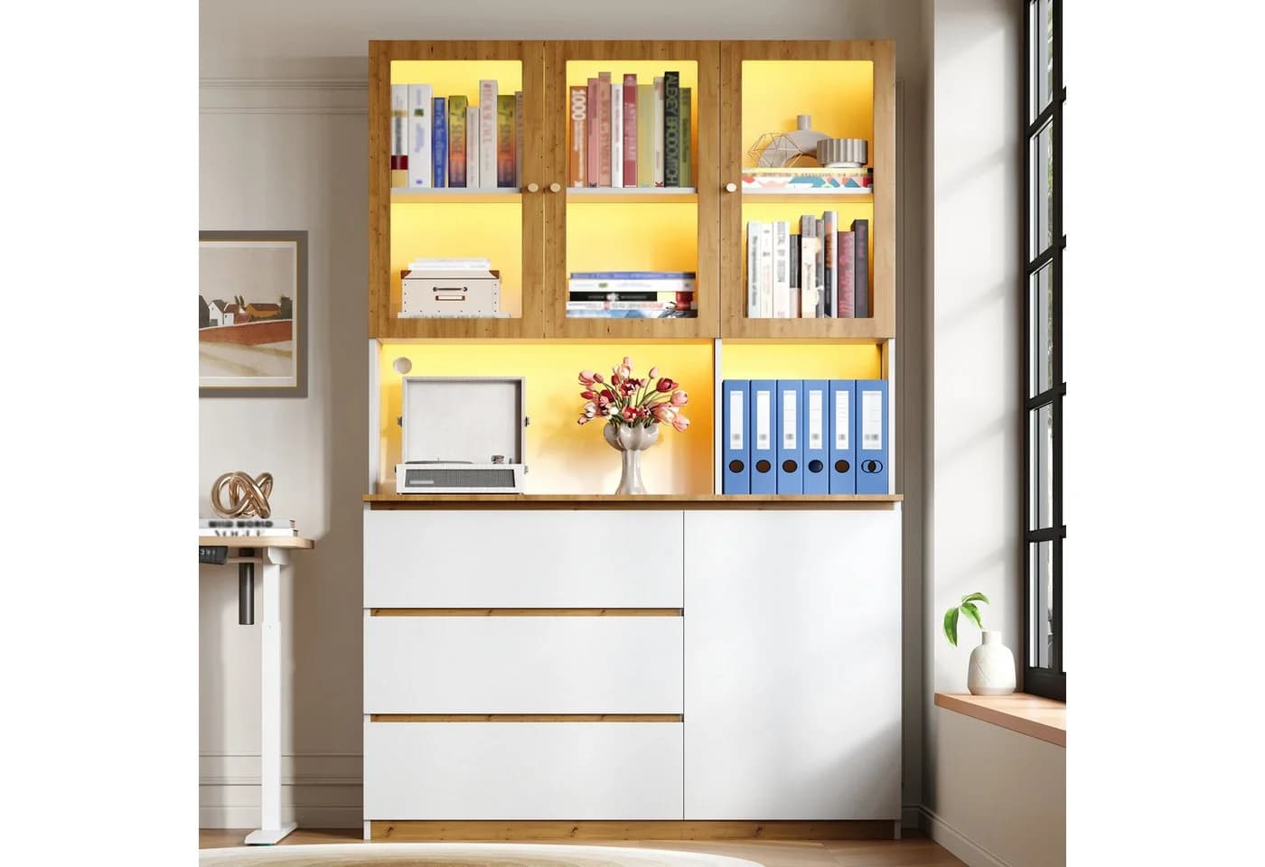 Merax Hochschrank Glasvitrine Weiß Eiche LED 4 Türen 3 Schubladen - Bild 4
