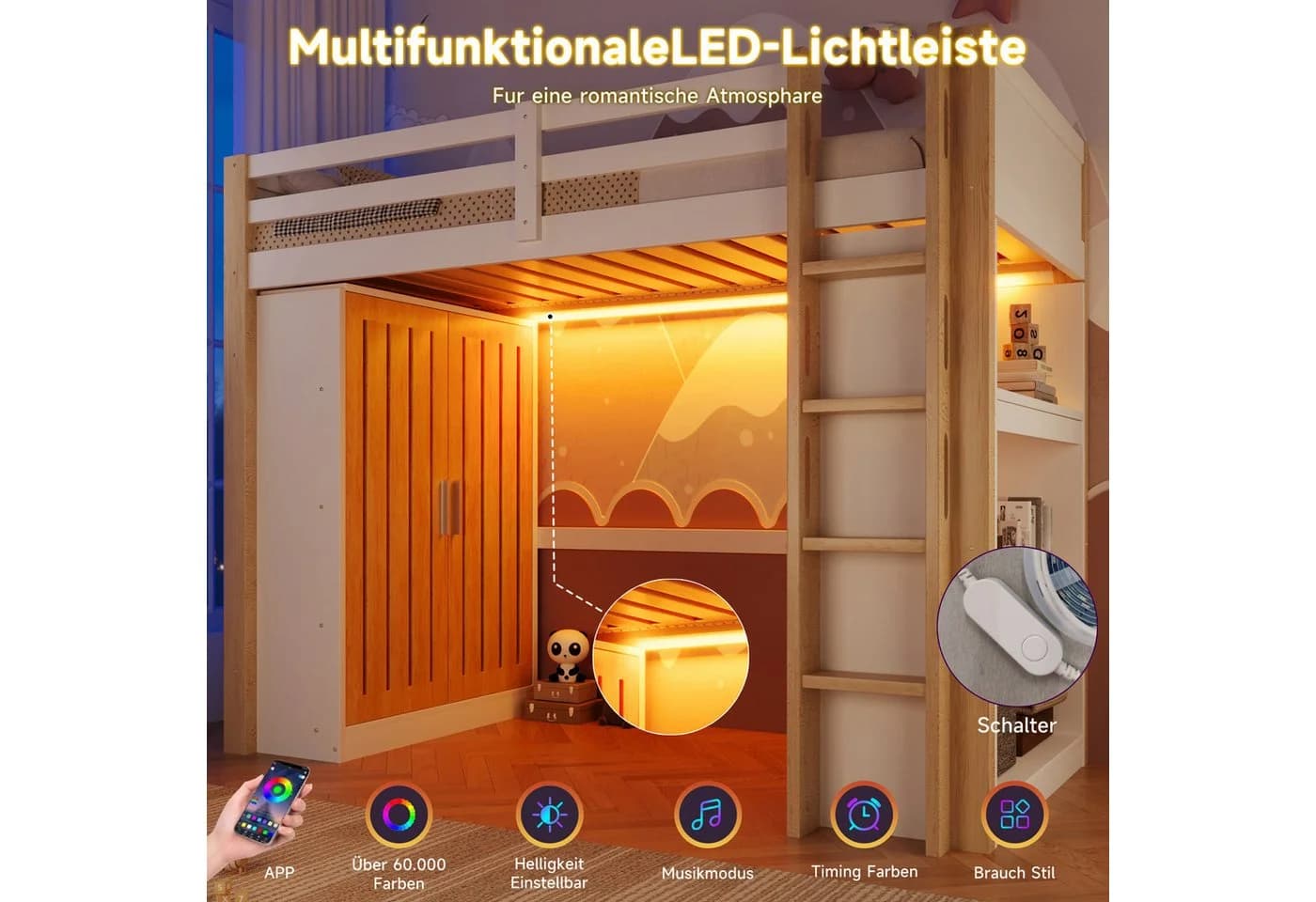 Merax Hochbett mit LED-Beleuchtung Weiß Kiefernholz - Bild 4