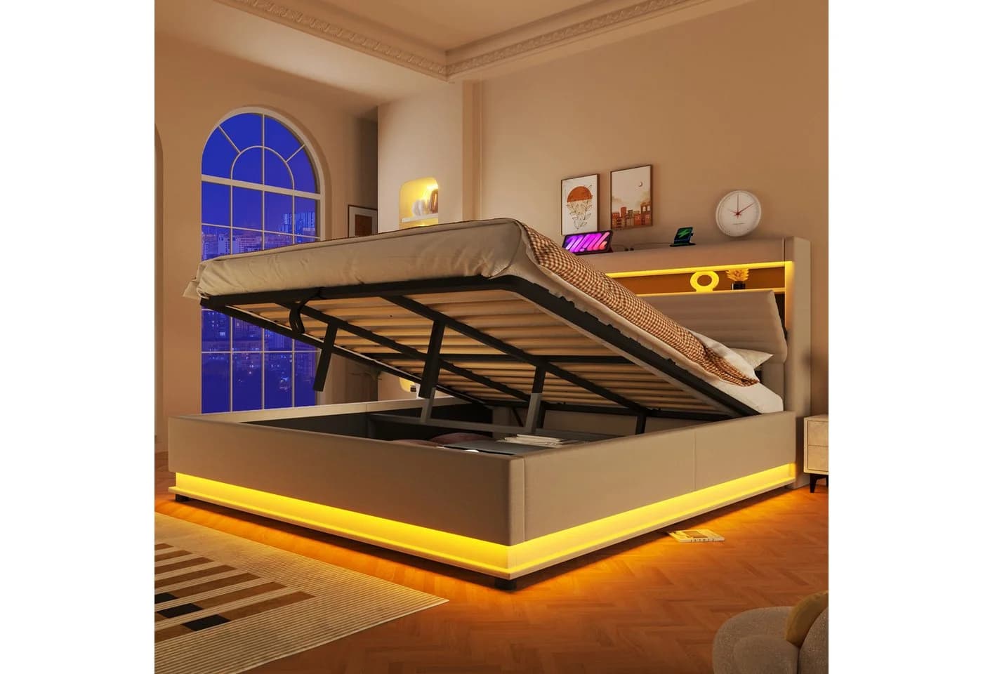 Merax Polsterbett 180x200 mit LED, USB & Stauraum Beige