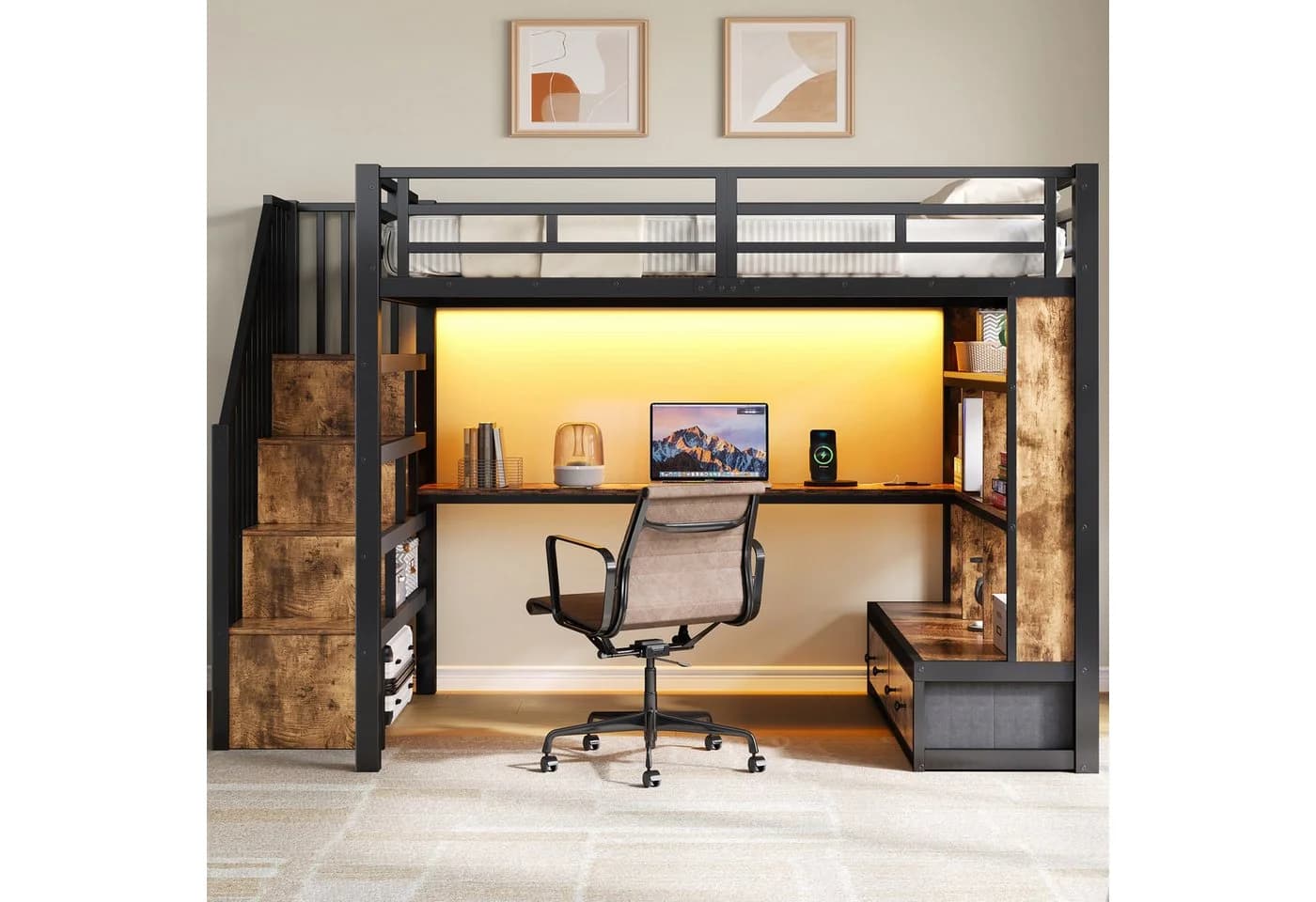 Merax Hochbett mit LED-Beleuchtung, Stauraumtreppe & Schreibtisch