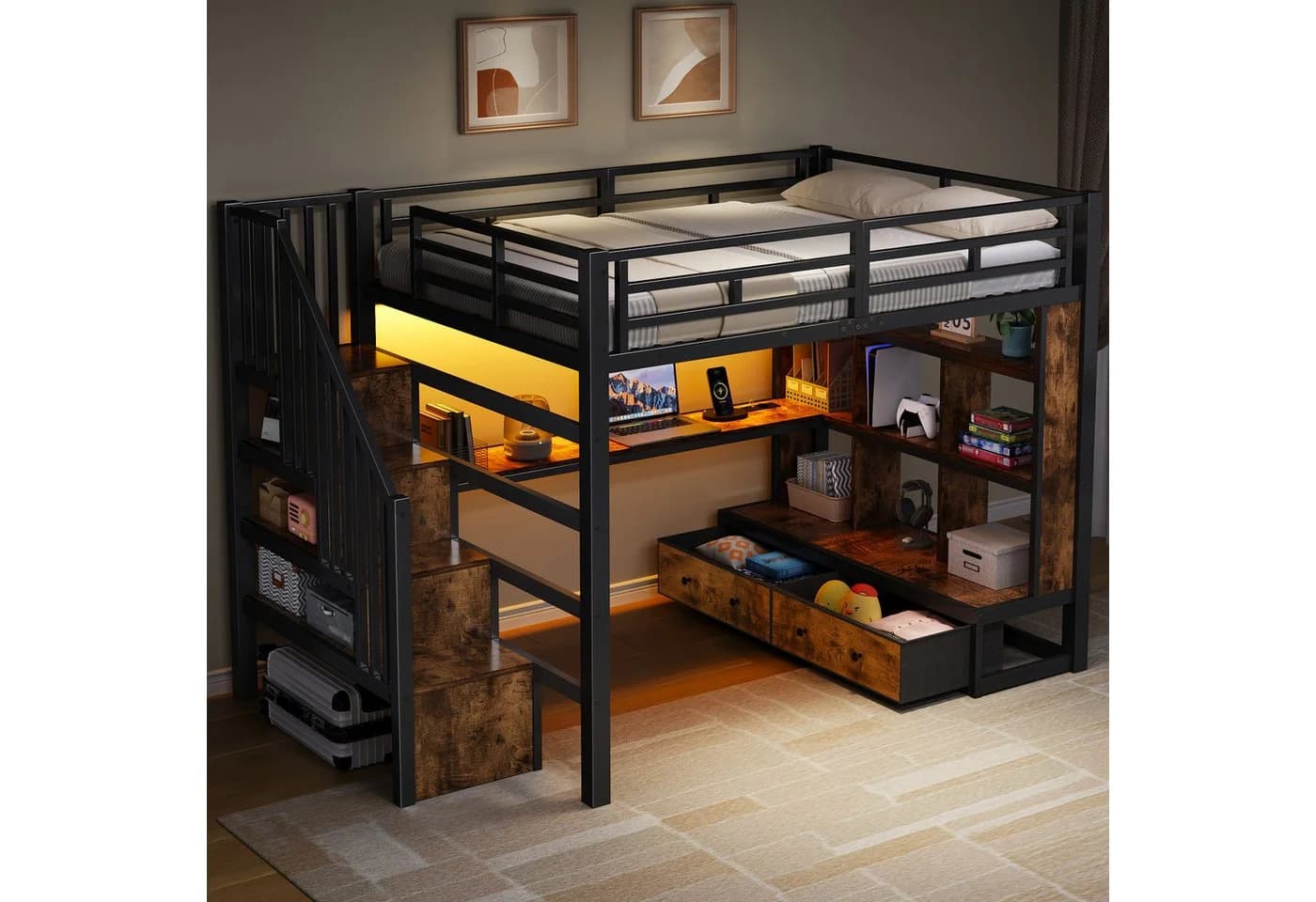 Merax Hochbett mit LED-Beleuchtung, Stauraumtreppe & Schreibtisch - Bild 3