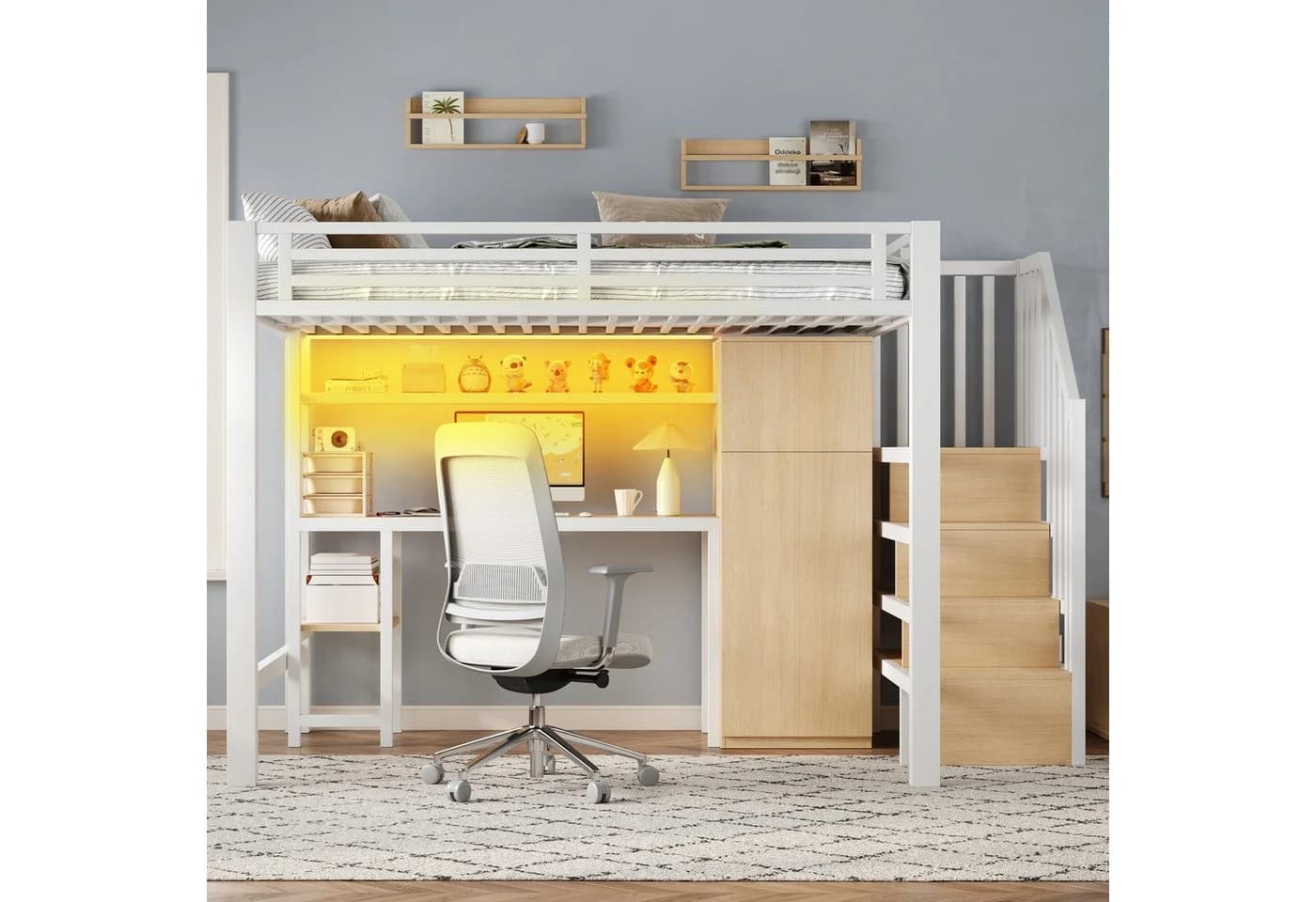 Merax Hochbett 140x200 mit LED, Kleiderschrank & Schreibtisch