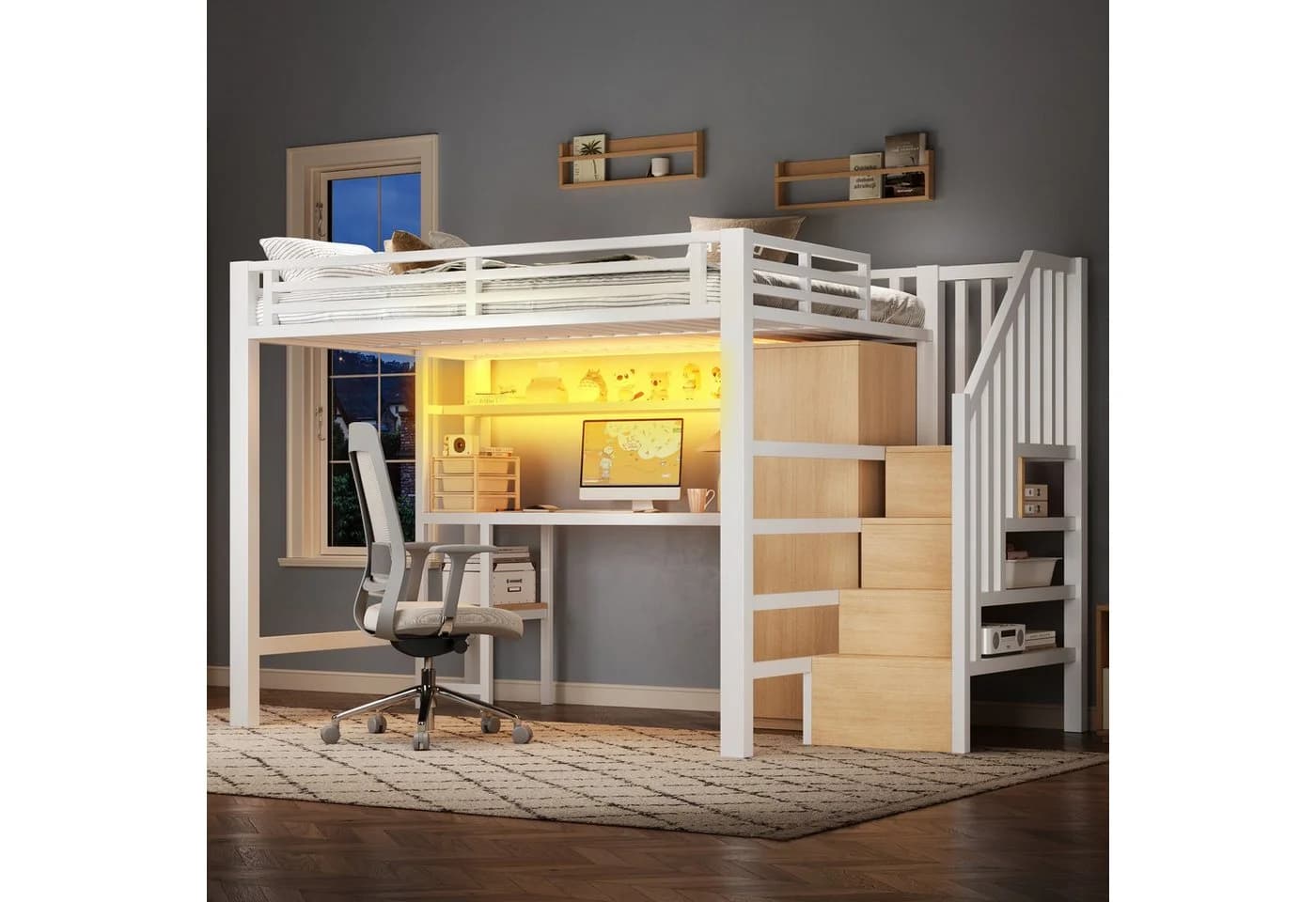Merax Hochbett 140x200 mit LED, Kleiderschrank & Schreibtisch - Bild 2