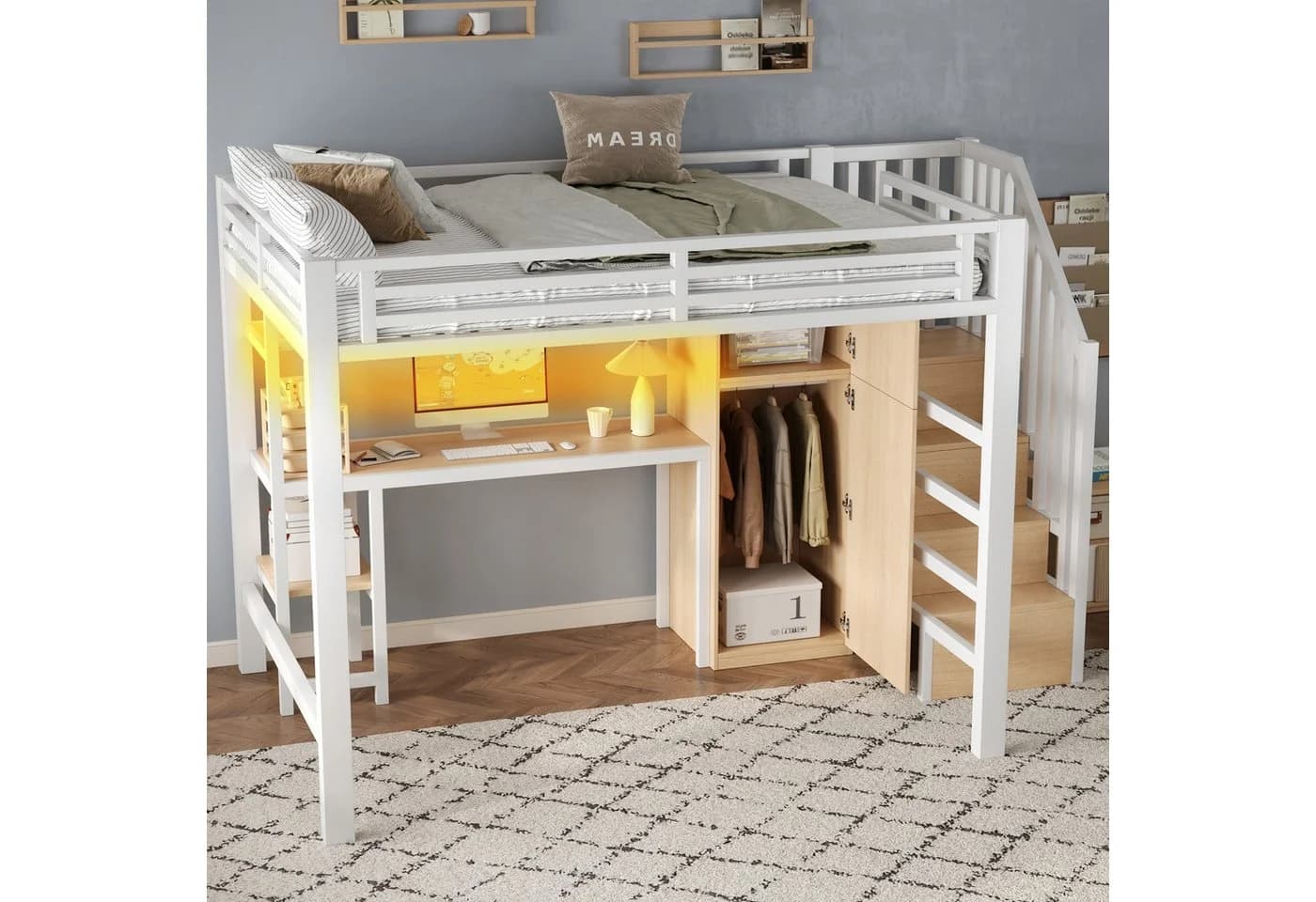 Merax Hochbett 140x200 mit LED, Kleiderschrank & Schreibtisch - Bild 3