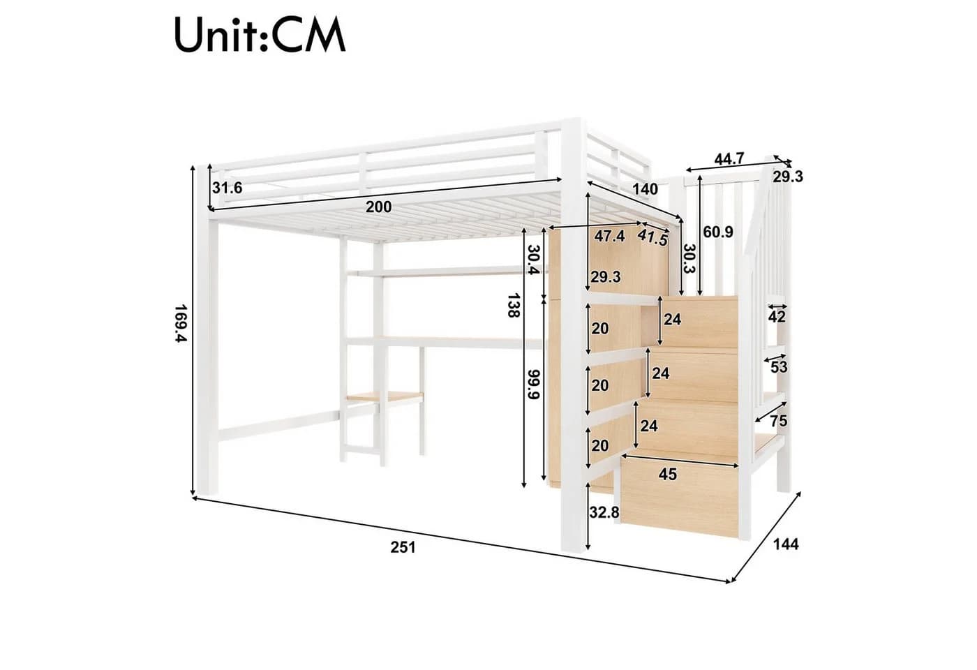Merax Hochbett 140x200 mit LED, Kleiderschrank & Schreibtisch - Bild 4