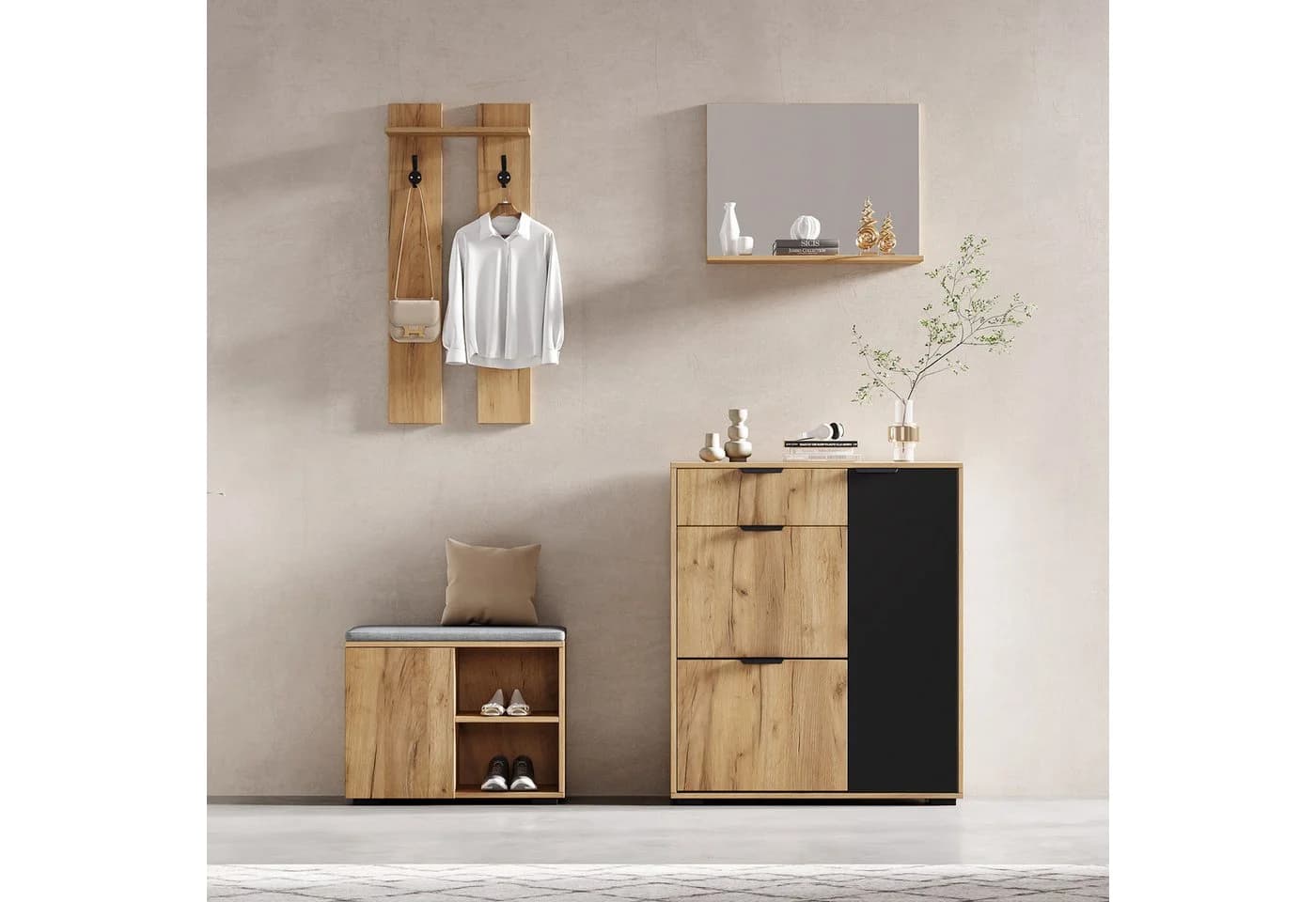 Merax Garderoben-Set 4-teilig Wandgarderobe Schuhschrank Schuhbank Spiegel
