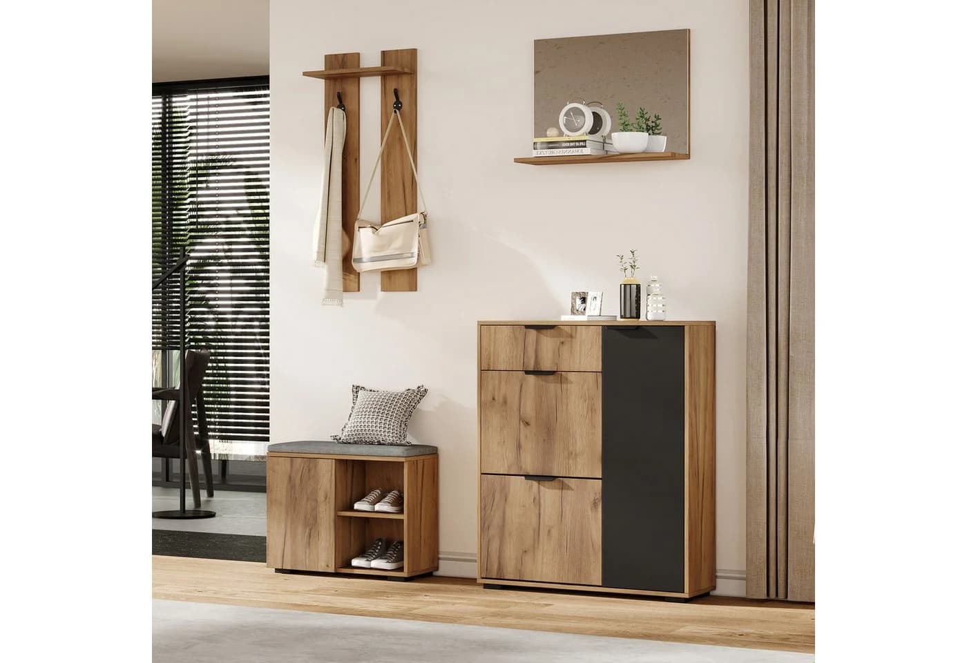 Merax Garderoben-Set 4-teilig Wandgarderobe Schuhschrank Schuhbank Spiegel - Bild 2