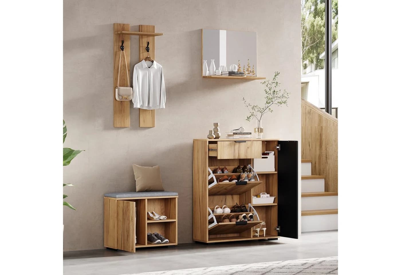 Merax Garderoben-Set 4-teilig Wandgarderobe Schuhschrank Schuhbank Spiegel - Bild 4