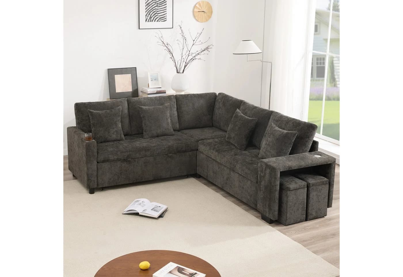 Merax Ecksofa L-förmig mit Schlaffunktion, USB & Stauraum Beige/Grau