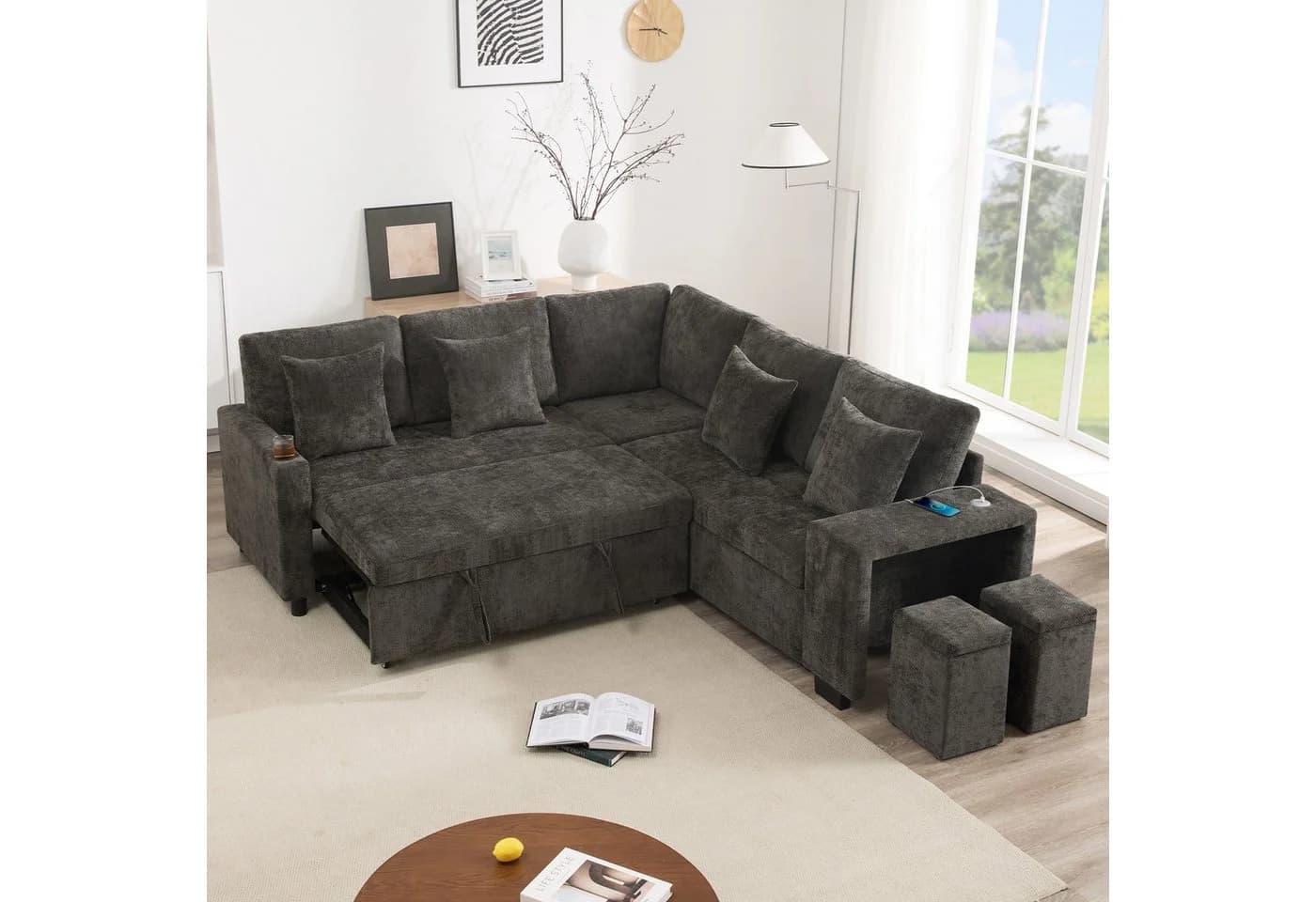Merax Ecksofa L-förmig mit Schlaffunktion, USB & Stauraum Beige/Grau - Bild 2