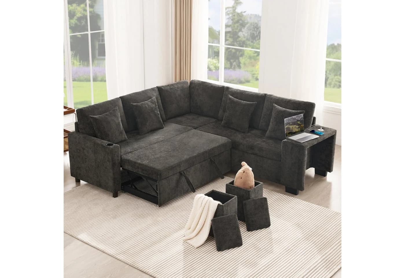 Merax Ecksofa L-förmig mit Schlaffunktion, USB & Stauraum Beige/Grau - Bild 3