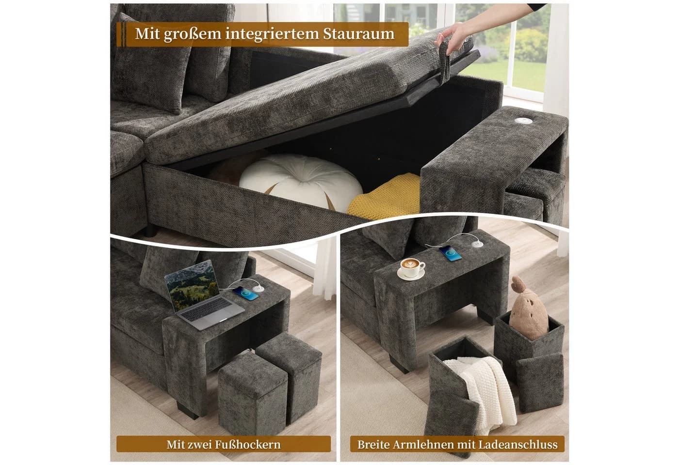 Merax Ecksofa L-förmig mit Schlaffunktion, USB & Stauraum Beige/Grau - Bild 4