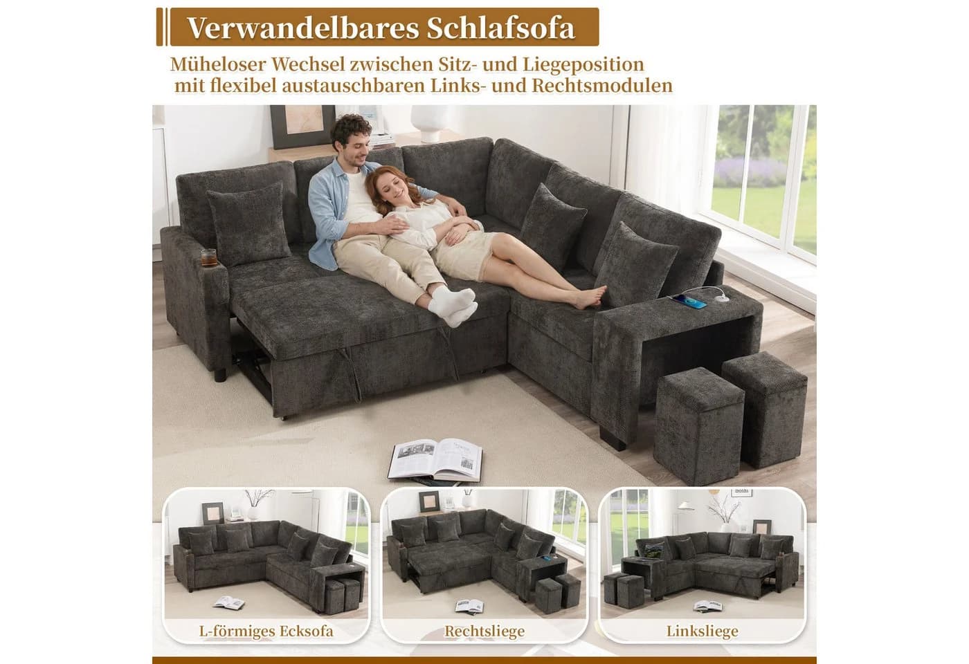 Merax Ecksofa L-förmig mit Schlaffunktion, USB & Stauraum Beige/Grau - Bild 5