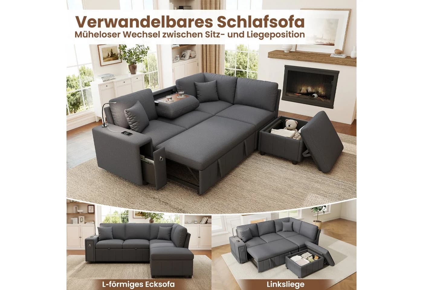 Merax Schlafsofa L-Form 5-Sitzer mit USB, Schlaffunktion & Stauraum - Bild 5