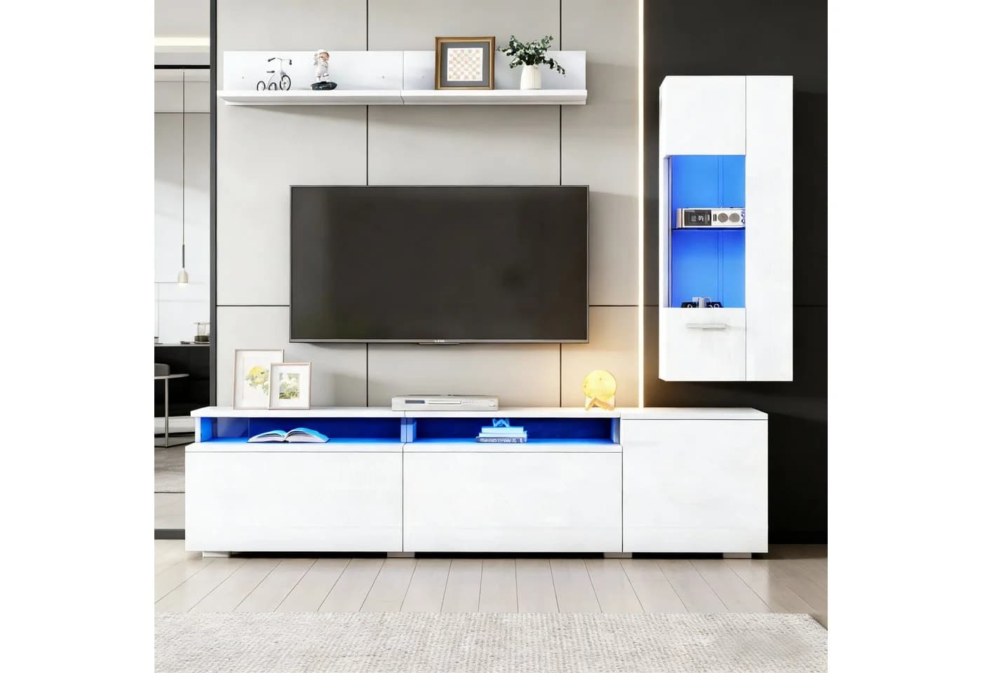 Merax Wohnwand 3-teilig mit LED Beleuchtung Weiß Hochglanz - Bild 3