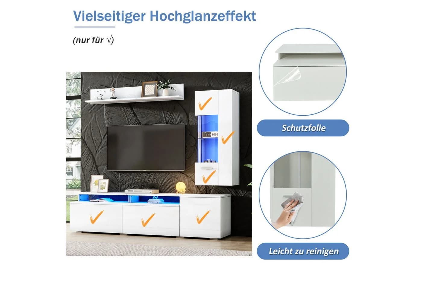 Merax Wohnwand 3-teilig mit LED Beleuchtung Weiß Hochglanz - Bild 4