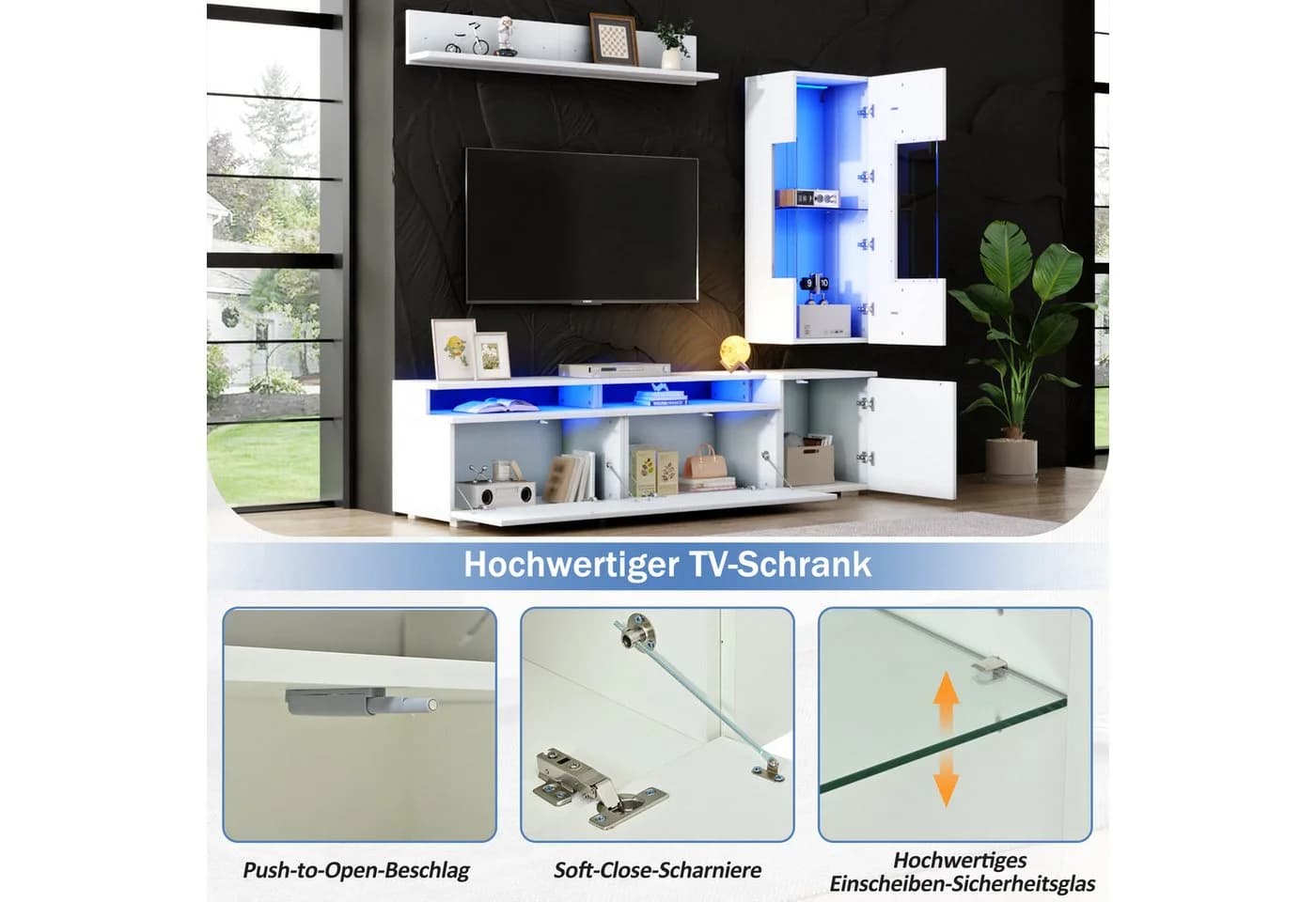 Merax Wohnwand 3-teilig mit LED Beleuchtung Weiß Hochglanz - Bild 5