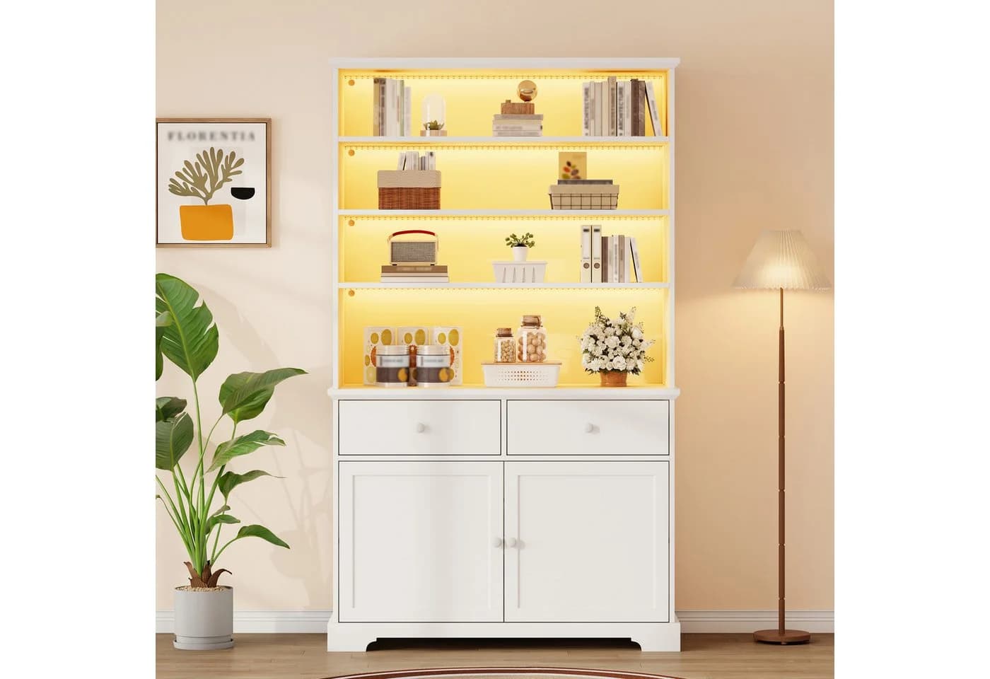 Merax Standvitrine mit LED-Beleuchtung und 2 Schubladen Weiß - Bild 2