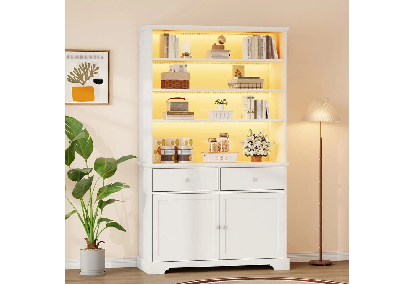 Merax Standvitrine mit LED-Beleuchtung und 2 Schubladen Weiß - Bild 3