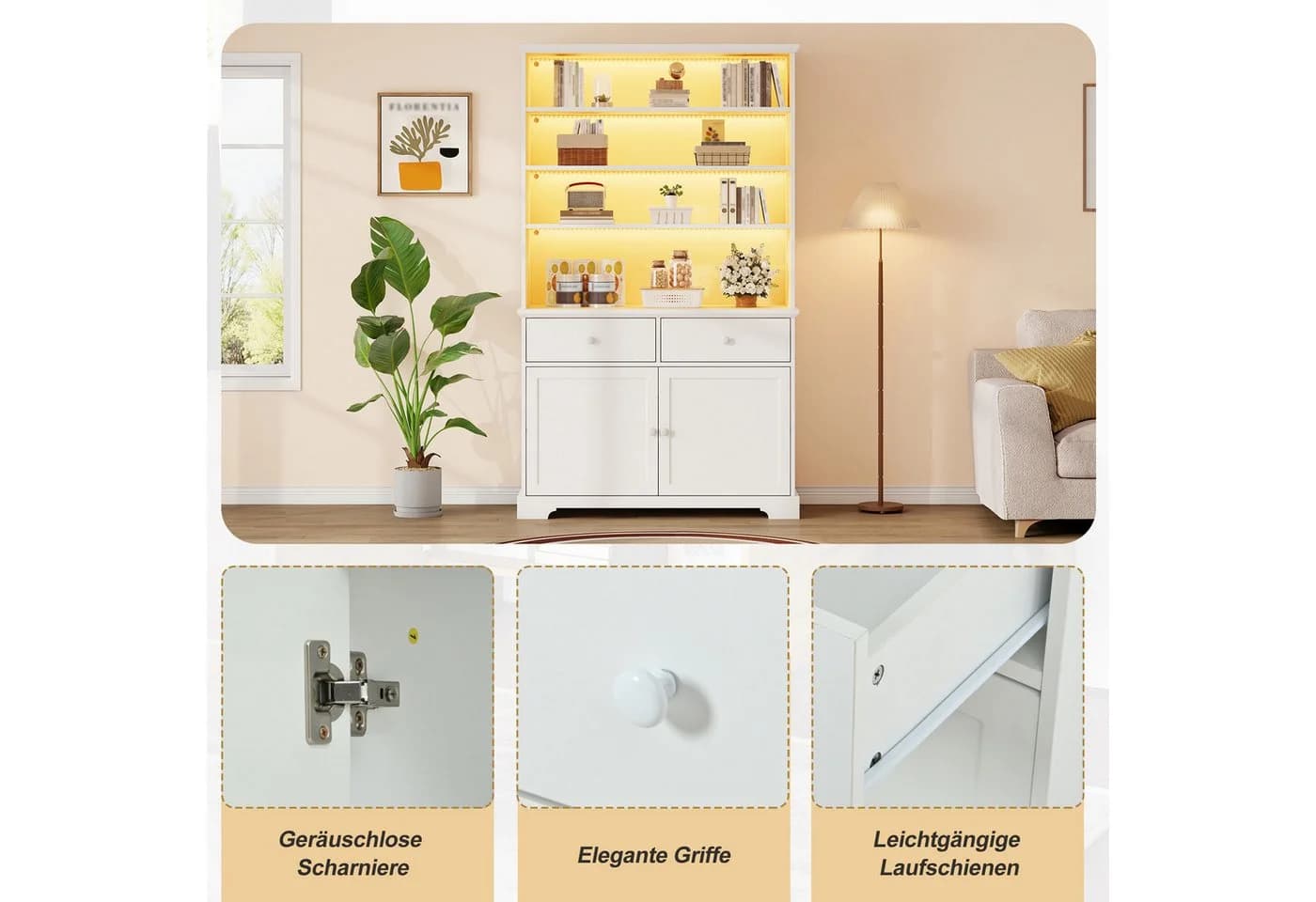 Merax Standvitrine mit LED-Beleuchtung und 2 Schubladen Weiß - Bild 5
