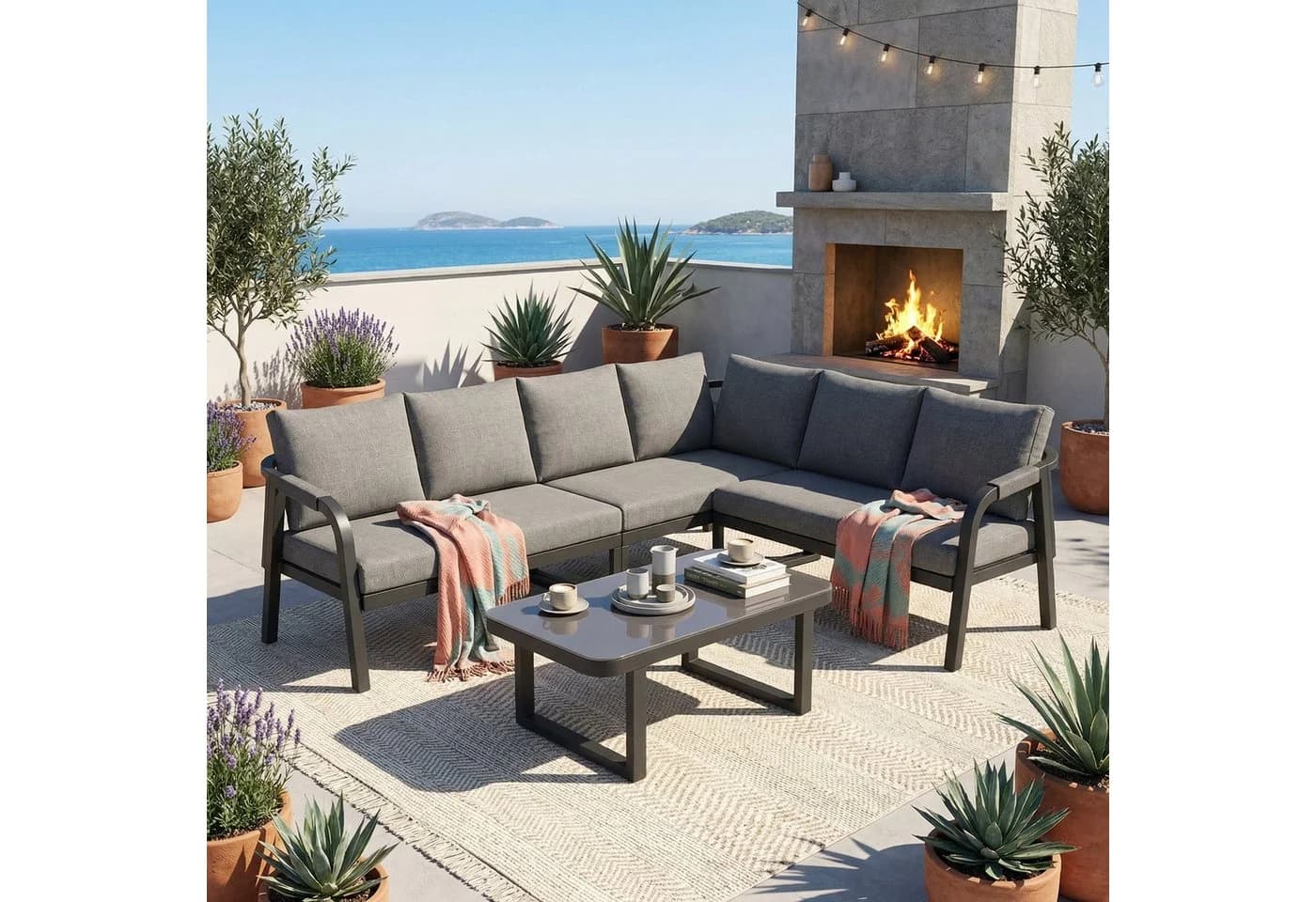 Merax Gartenlounge-Set 6-tlg. Beige/Grau mit Ecksofa & Couchtisch - Bild 2